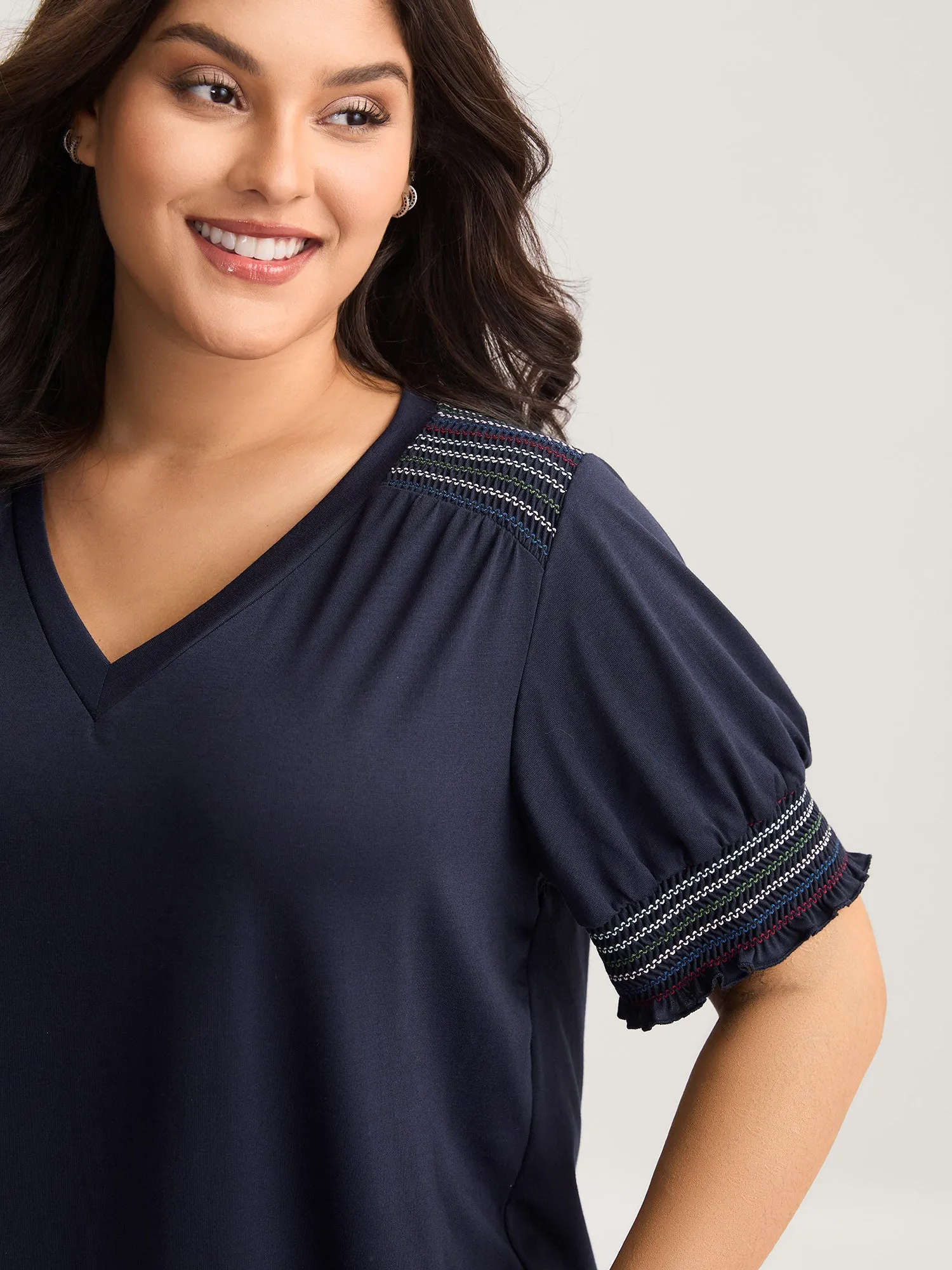 Stretchy Colorful Spliced Shirred T-Shirt sold by Bloomchic