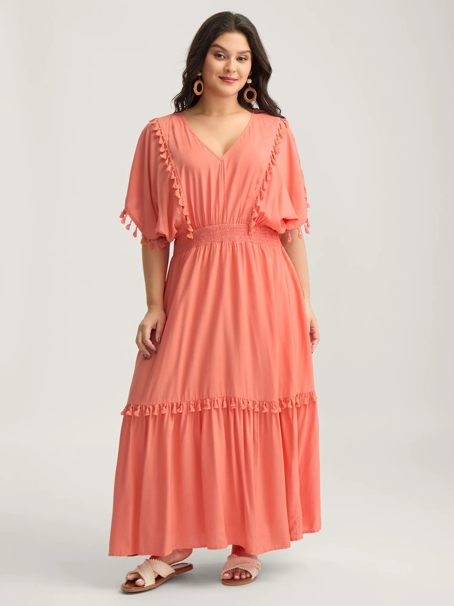 Shirred Waist Tassels Tiered Solid Maxi Dress sold by Bloomchic