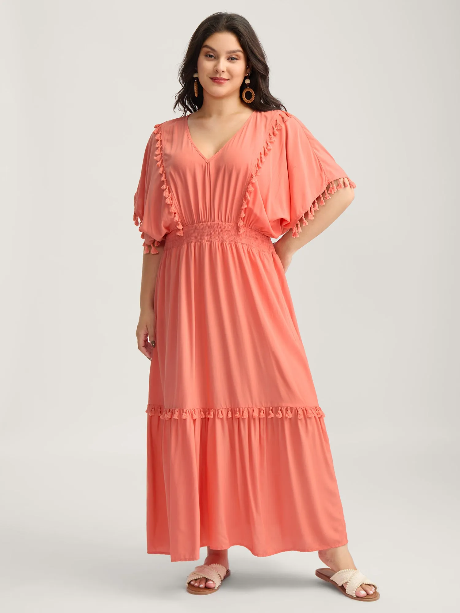 Shirred Waist Tassels Tiered Solid Maxi Dress sold by Bloomchic product image thumbnail 3