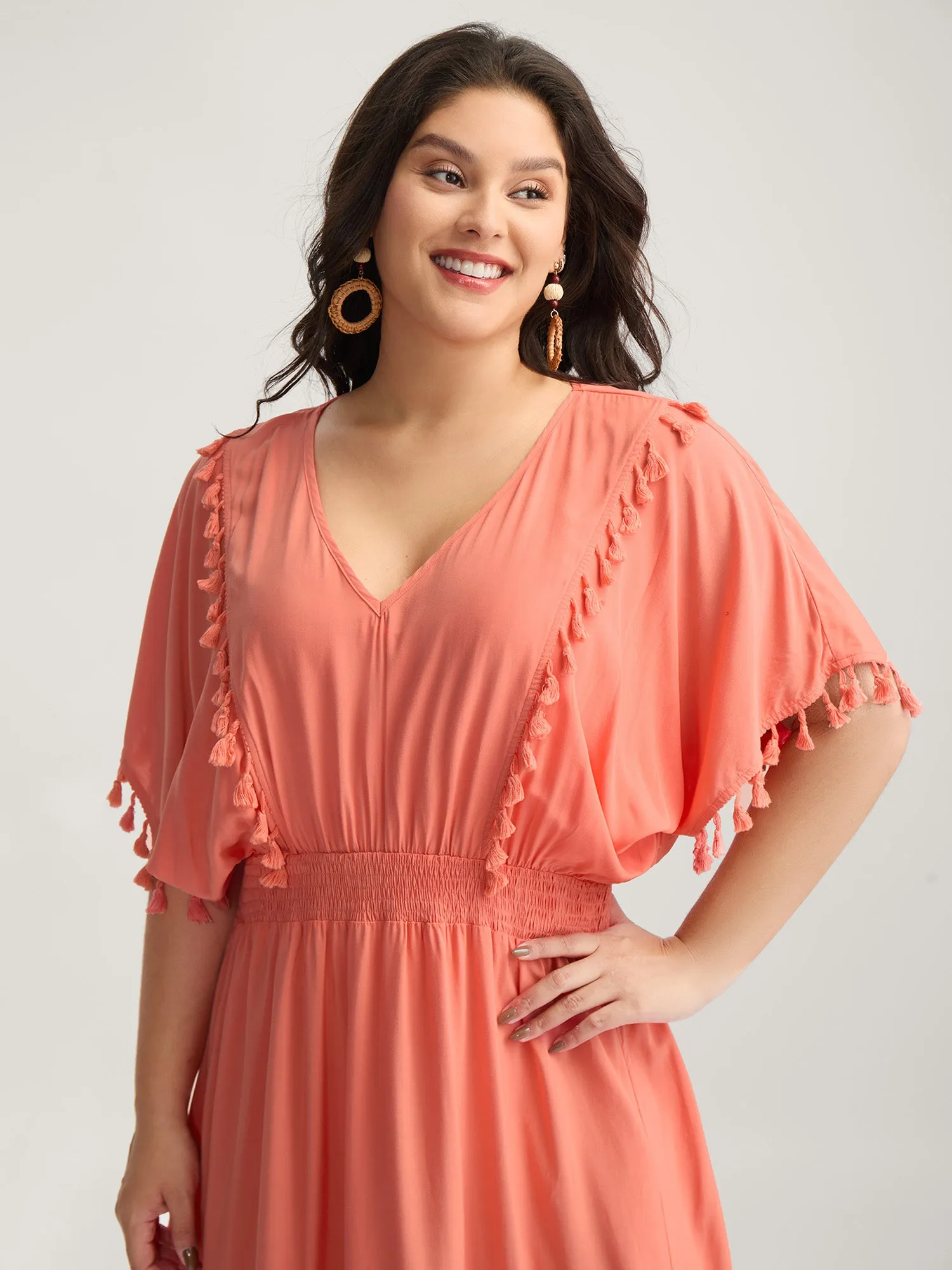 Shirred Waist Tassels Tiered Solid Maxi Dress sold by Bloomchic product image thumbnail 2