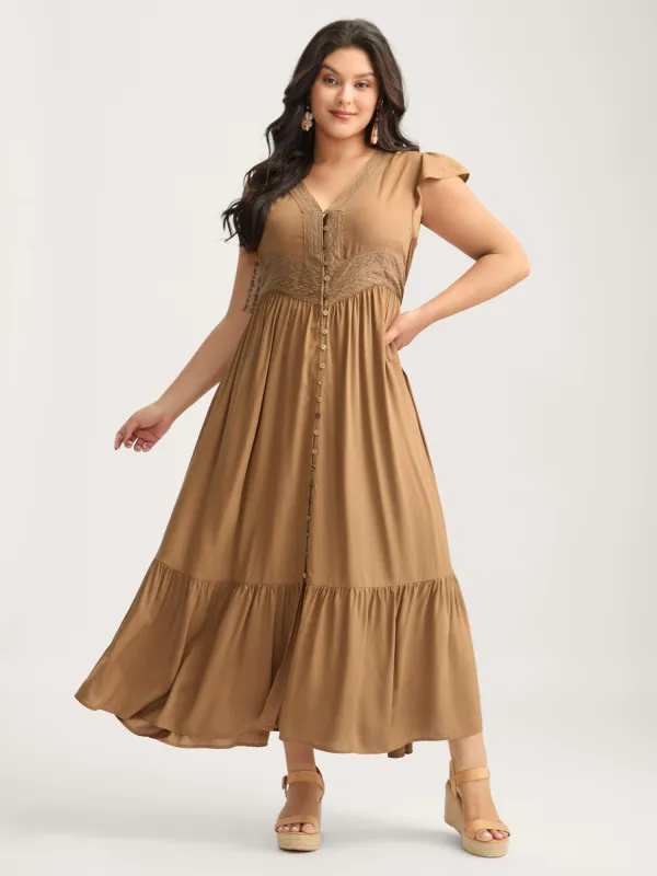 Rayon Lace Trim Button Placket Flutter Maxi Dress sold by Bloomchic