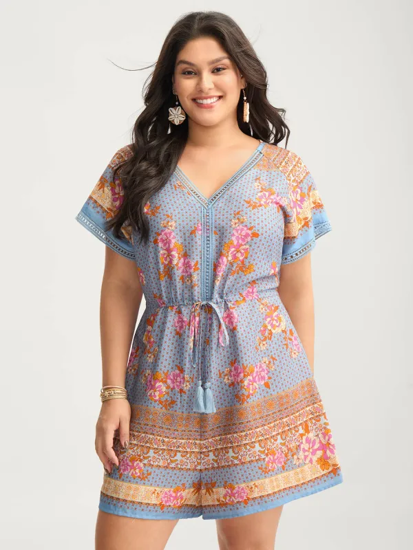 Bright Floral Print Waist-Tie Romper sold by Bloomchic