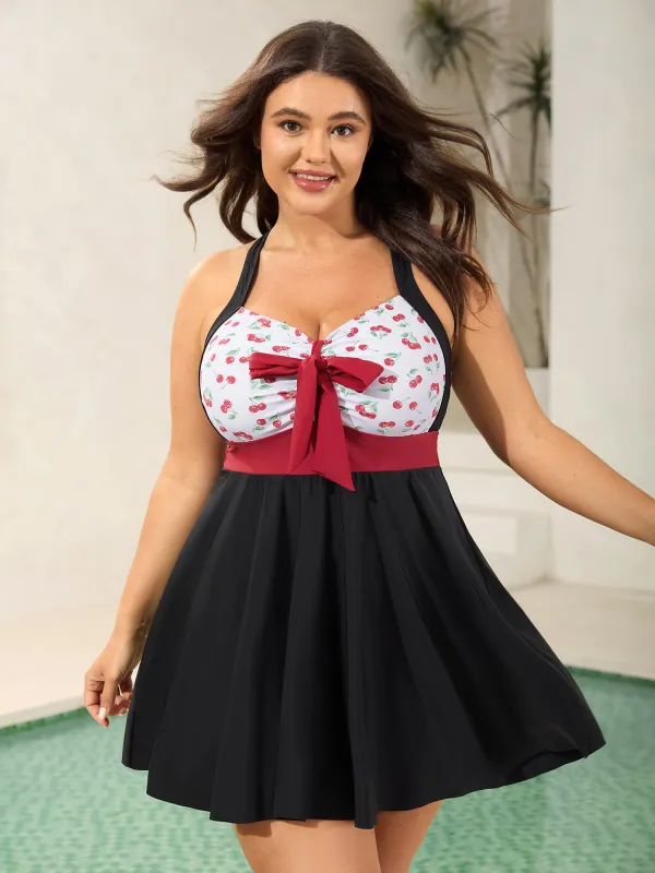 Cherry Knotted Bodice Color Block Swim Dress sold by Bloomchic