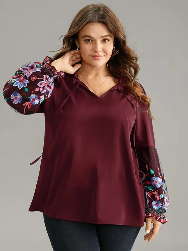 Floral Embroidered Mesh Tie Neck Ruffles Blouse sold by Bloomchic