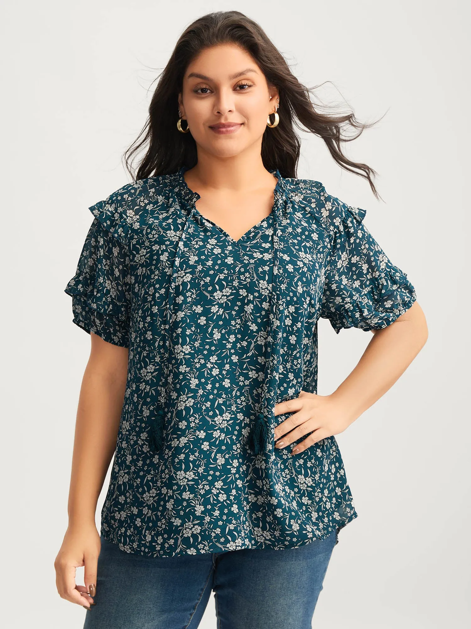Delicate Florals Ruffled Tiered Sleeve Blouse sold by Bloomchic