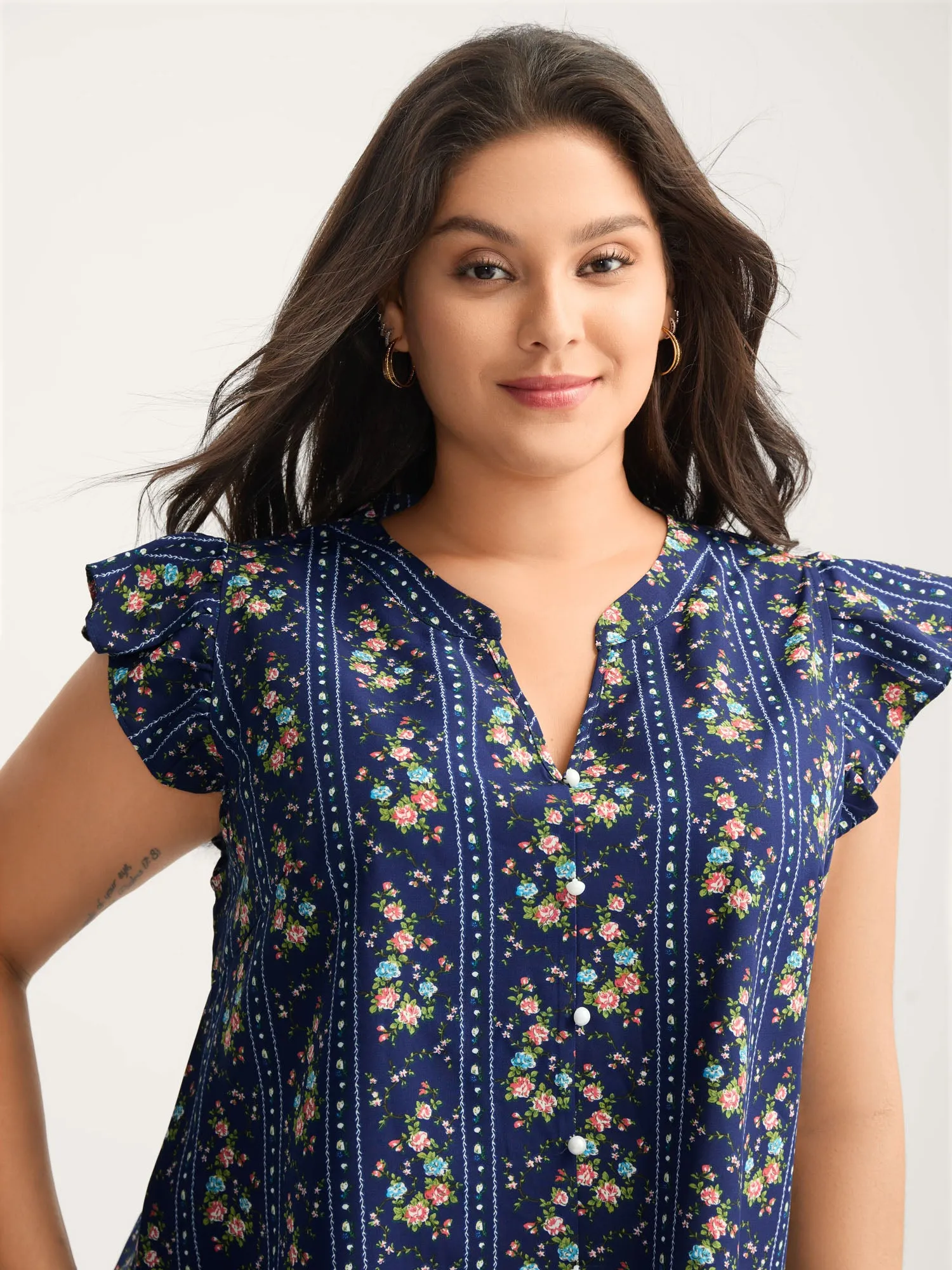 Floral Stripes Flutter Sleeve Blouse sold by Bloomchic