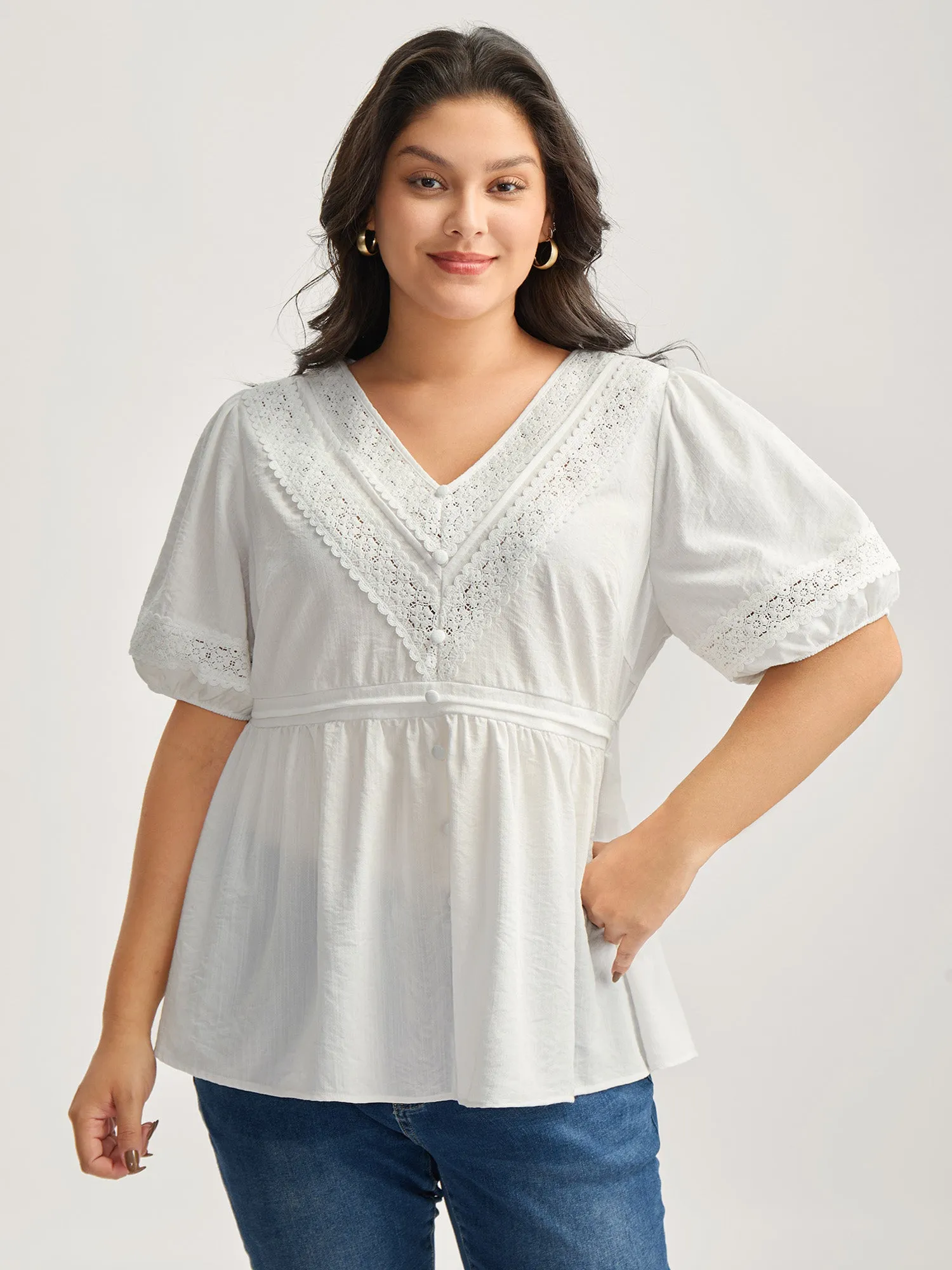 Lace Trim V-Neck Puffy Sleeve Blouse sold by Bloomchic