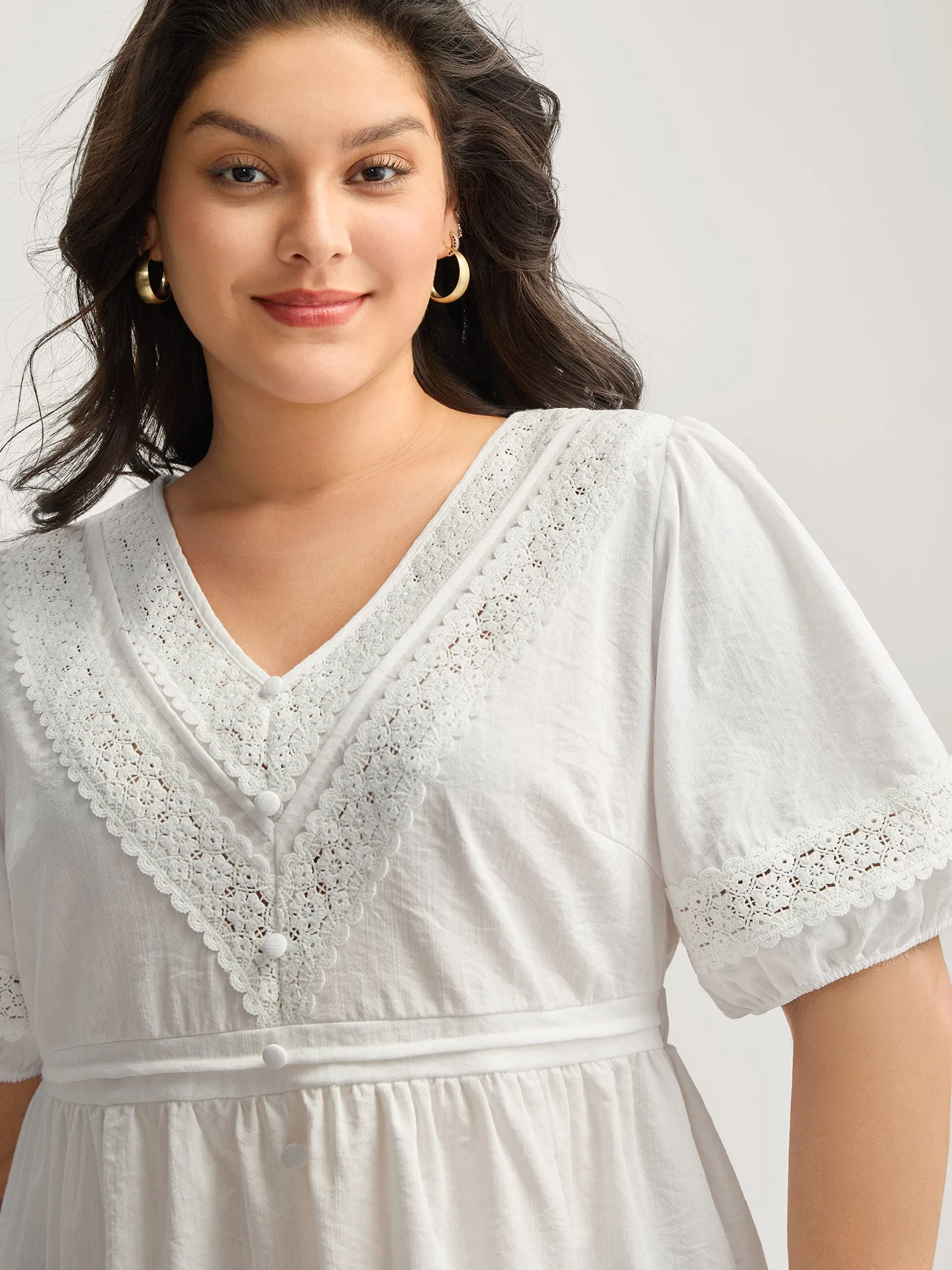 Lace Trim V-Neck Puffy Sleeve Blouse sold by Bloomchic product image thumbnail 2