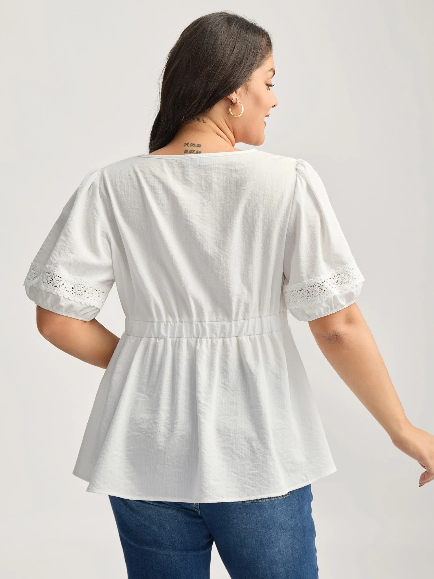 Lace Trim V-Neck Puffy Sleeve Blouse sold by Bloomchic product image thumbnail 4