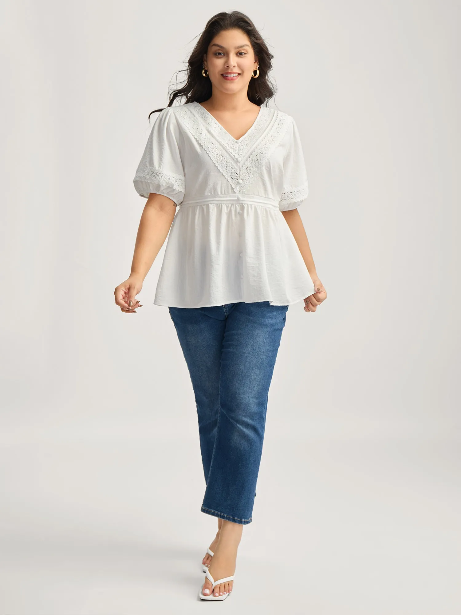 Lace Trim V-Neck Puffy Sleeve Blouse sold by Bloomchic product image thumbnail 3