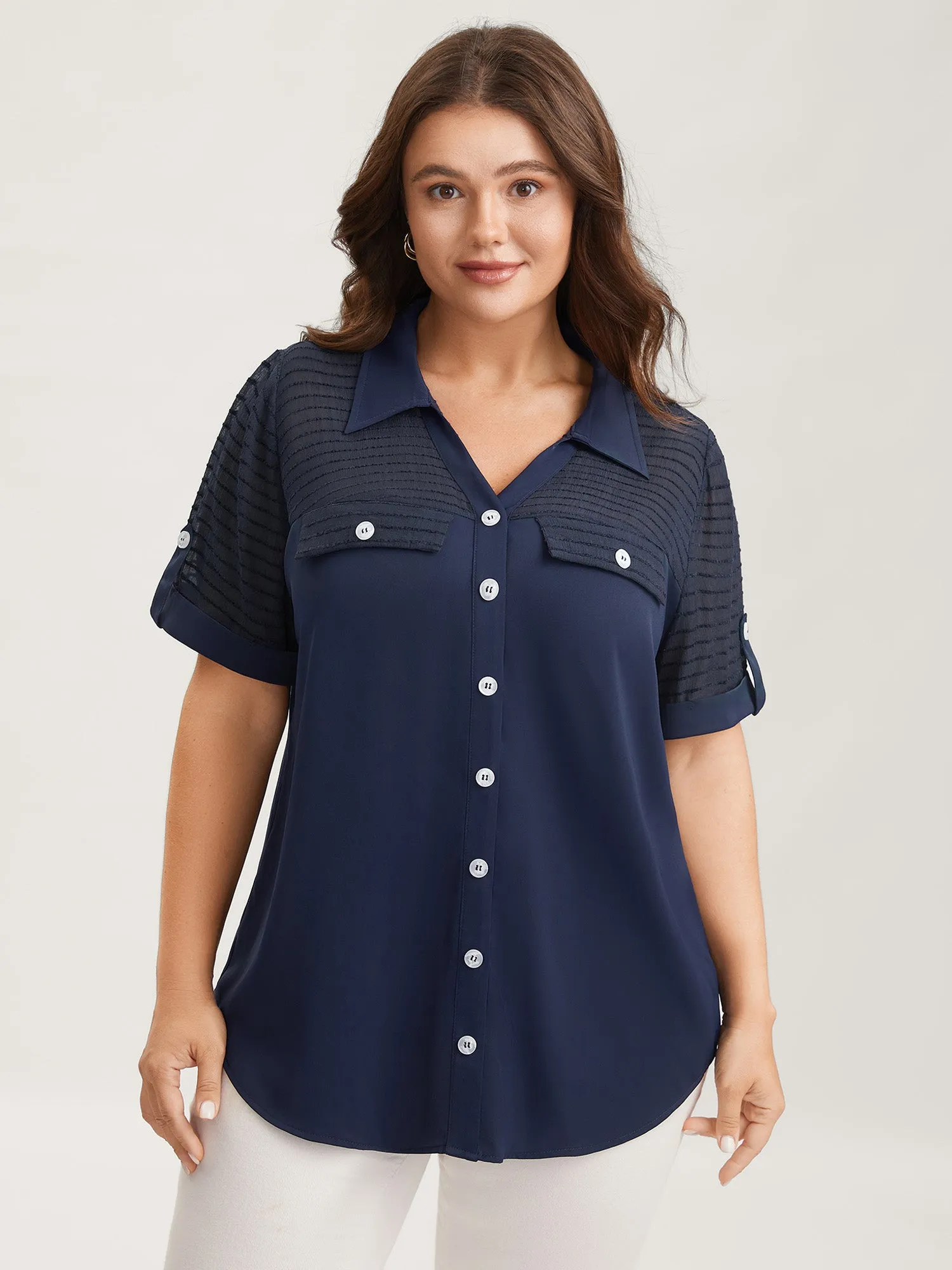 Sheer Neck Collar Tab Sleeve Blouse sold by Bloomchic