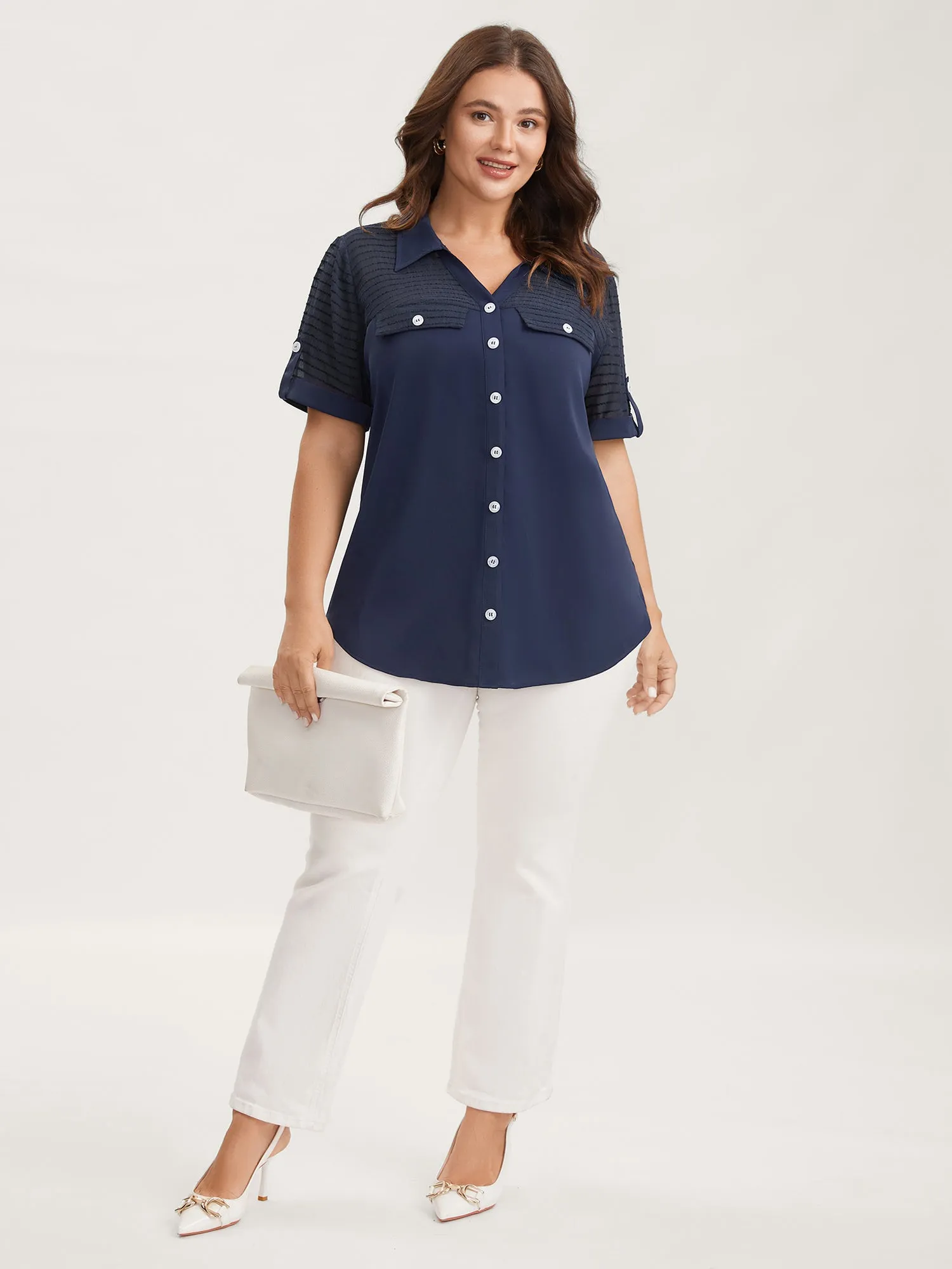 Sheer Neck Collar Tab Sleeve Blouse sold by Bloomchic product image thumbnail 3