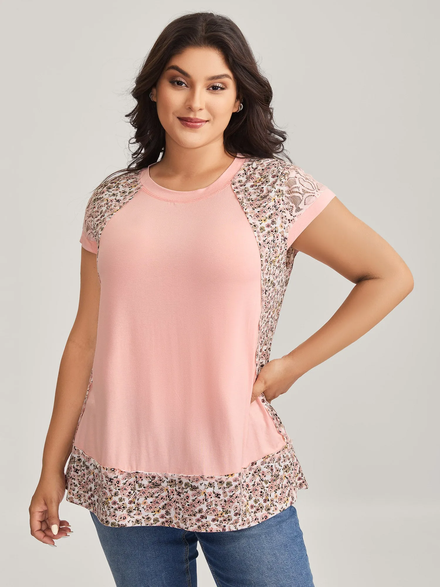 Floral Print Contrast Cut-Out T-Shirt sold by Bloomchic