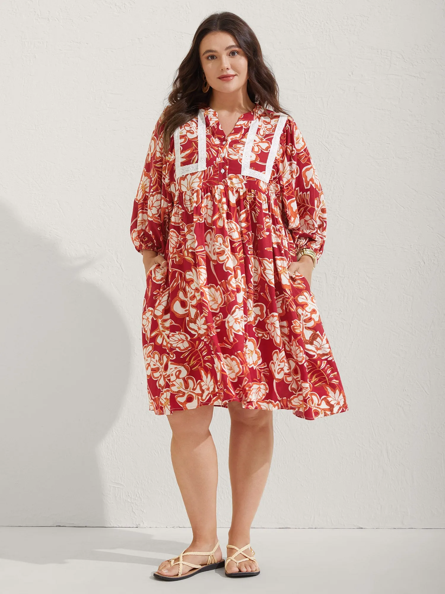 Floral Lace Trim Button Front Midi Dress sold by Bloomchic product image thumbnail 3