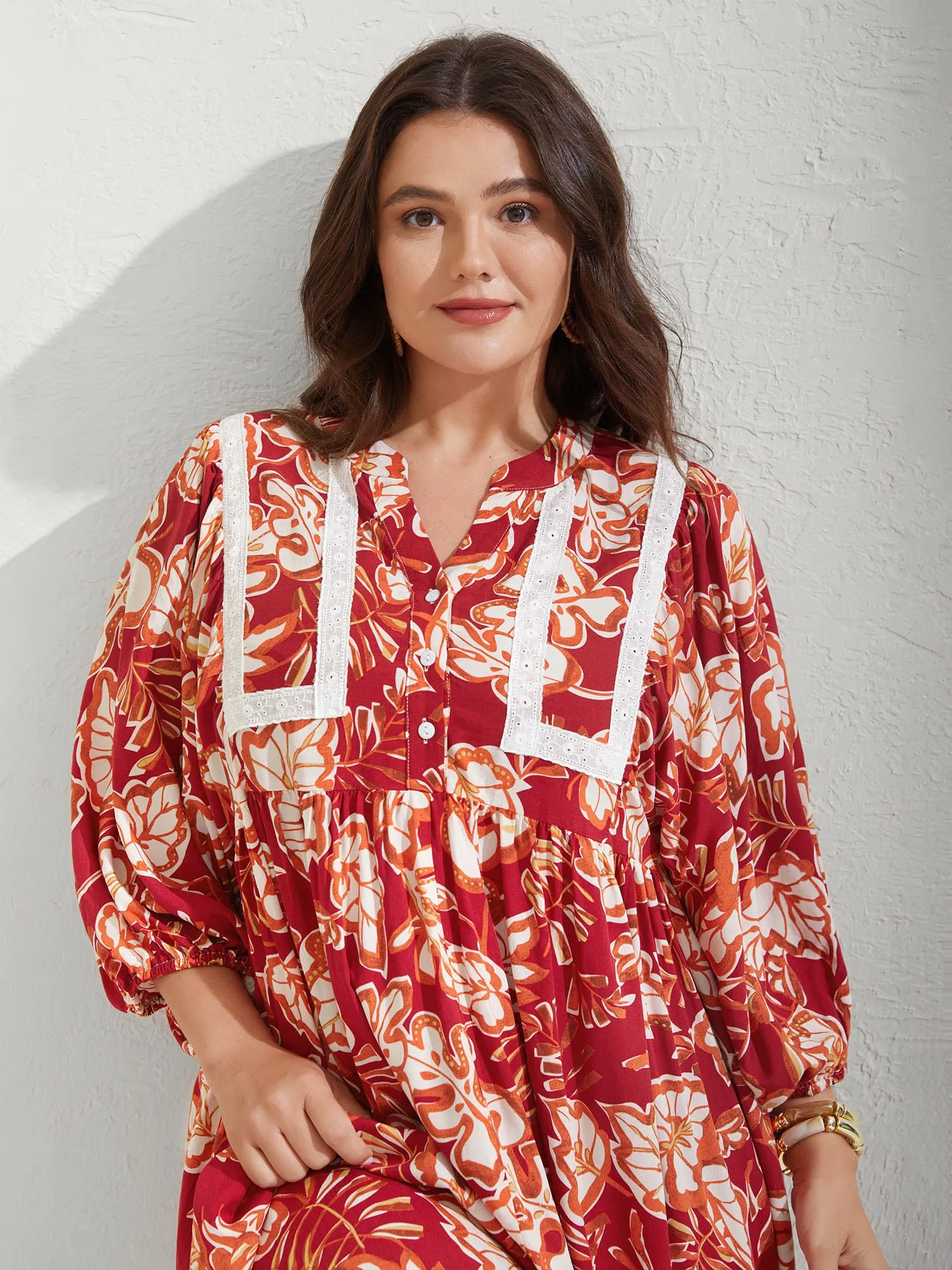 Floral Lace Trim Button Front Midi Dress sold by Bloomchic product image thumbnail 2