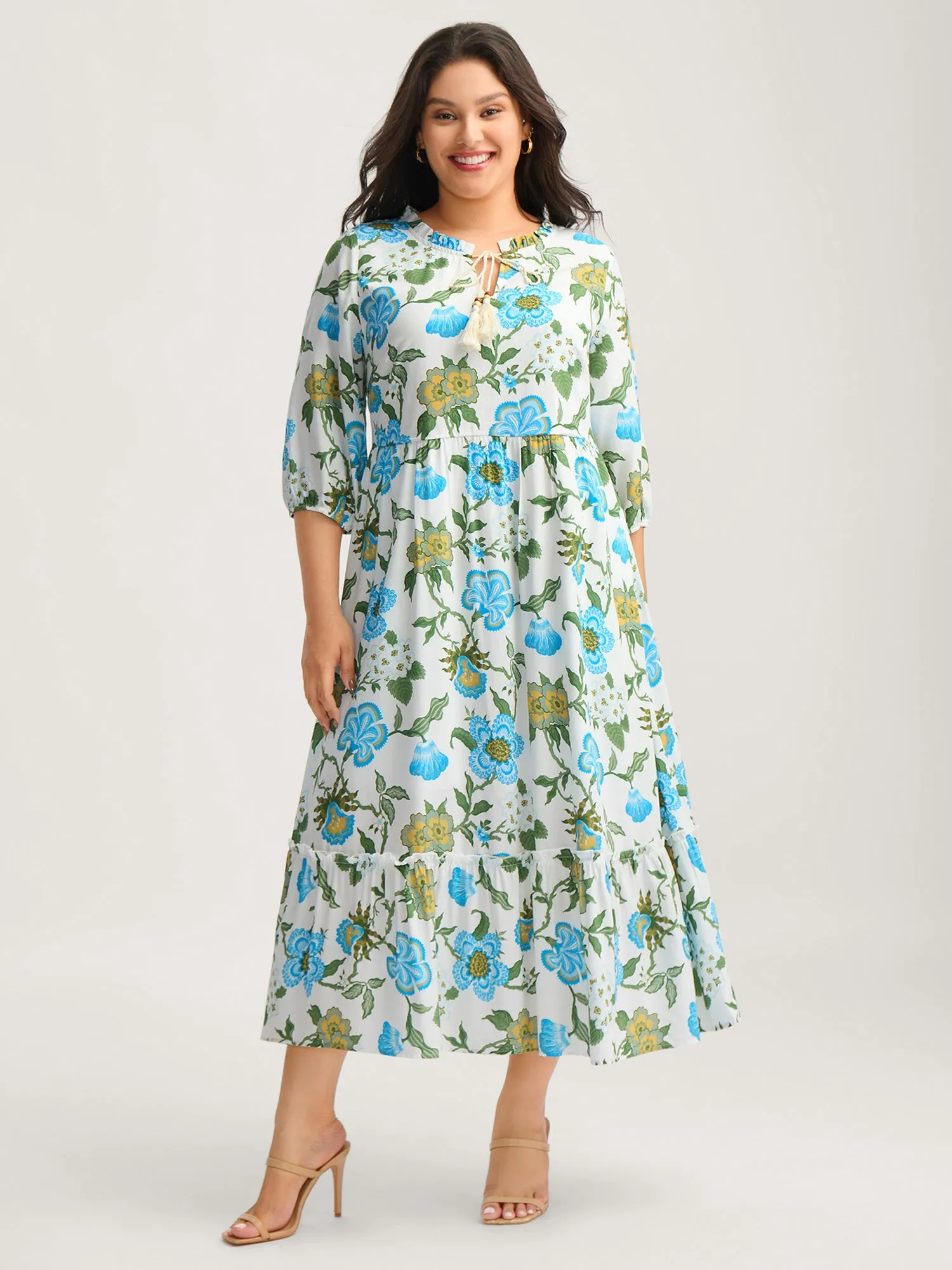 Floral Print Beaded Tassel Neck Midi Dress sold by Bloomchic