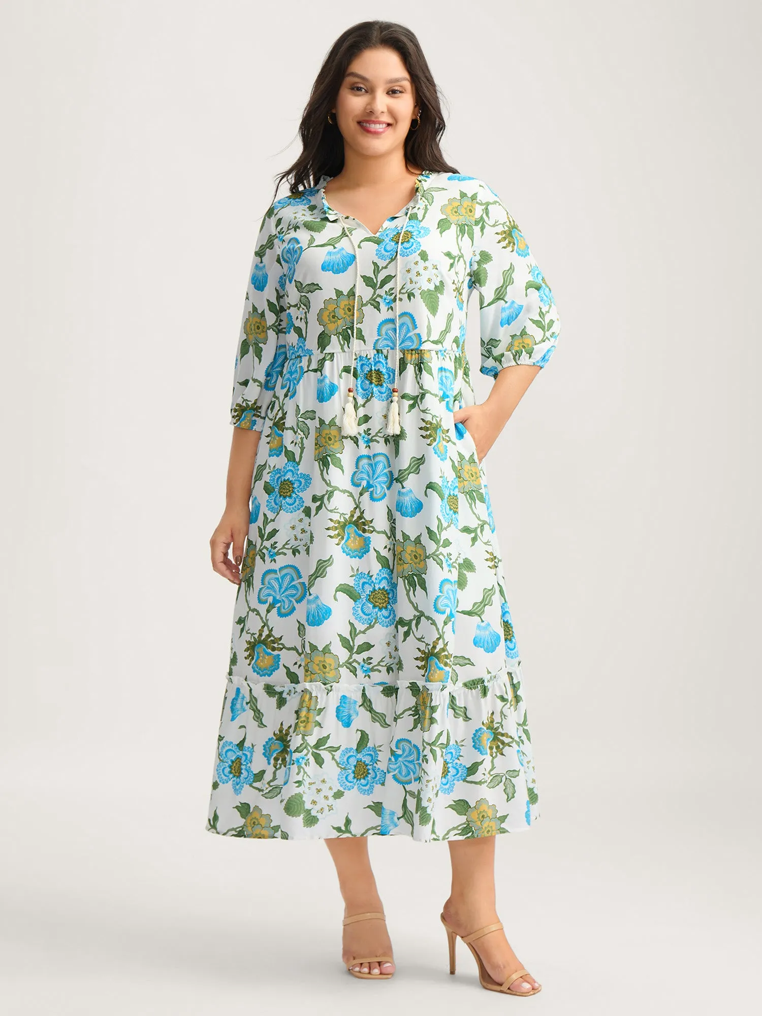 Floral Print Beaded Tassel Neck Midi Dress sold by Bloomchic product image thumbnail 3