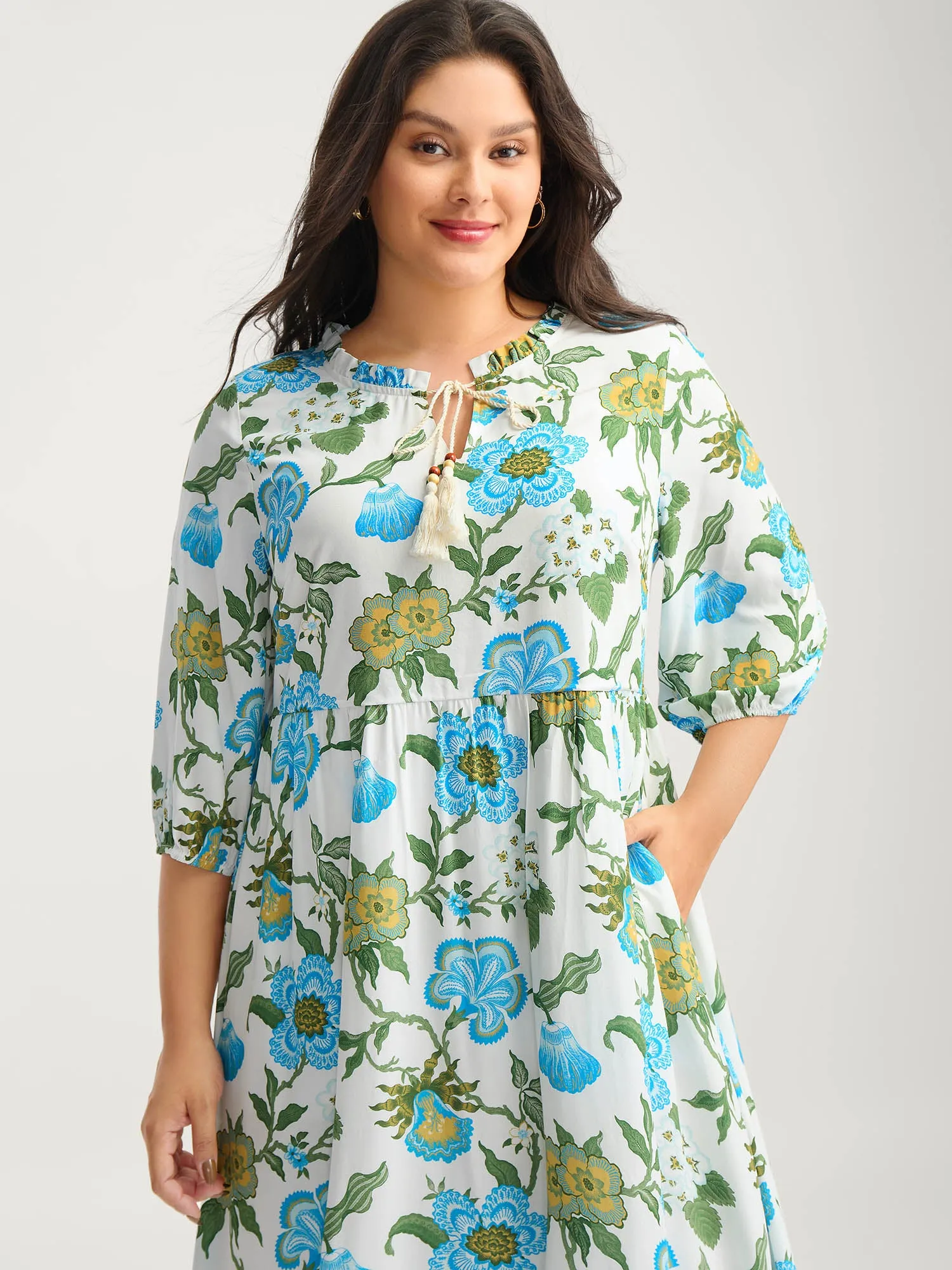 Floral Print Beaded Tassel Neck Midi Dress sold by Bloomchic product image thumbnail 2