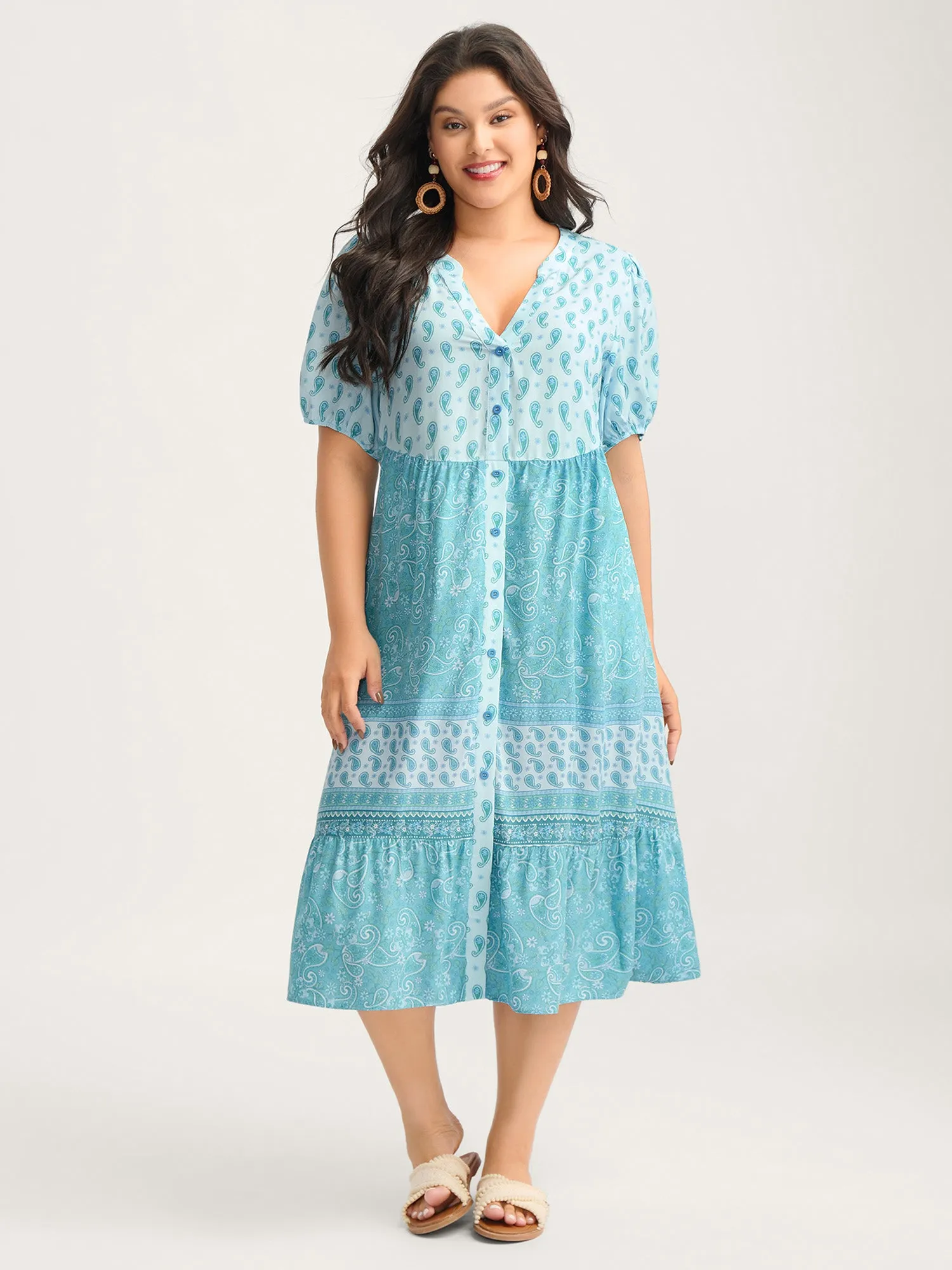 Paisley Print Contrast Button Placket Midi Dress sold by Bloomchic product image thumbnail 3