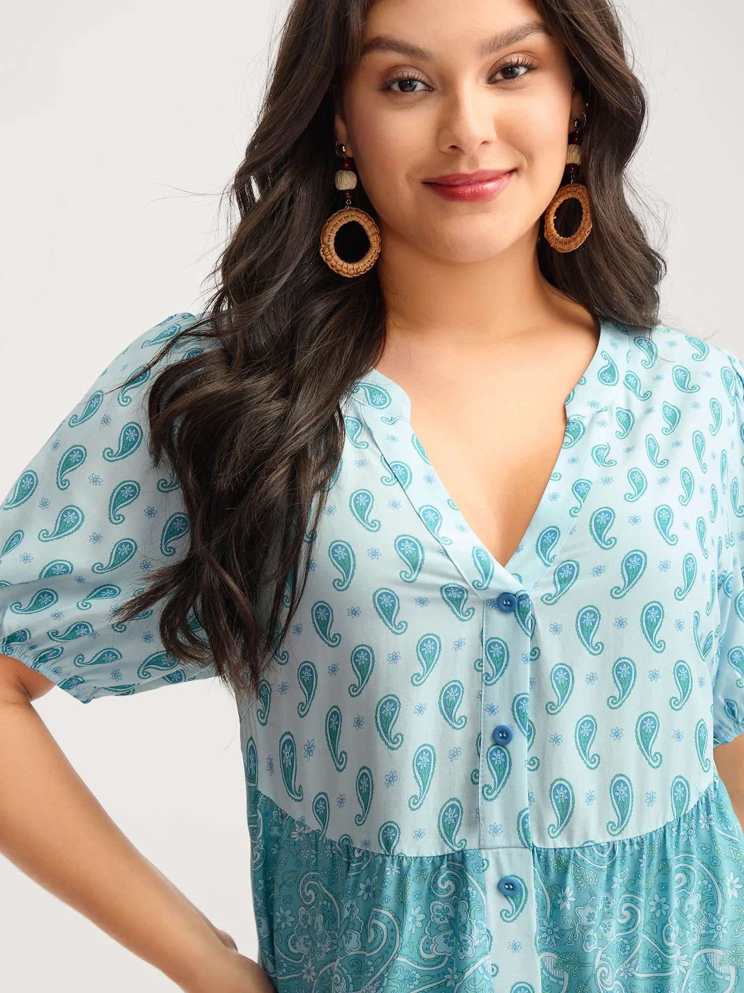 Paisley Print Contrast Button Placket Midi Dress sold by Bloomchic product image thumbnail 2