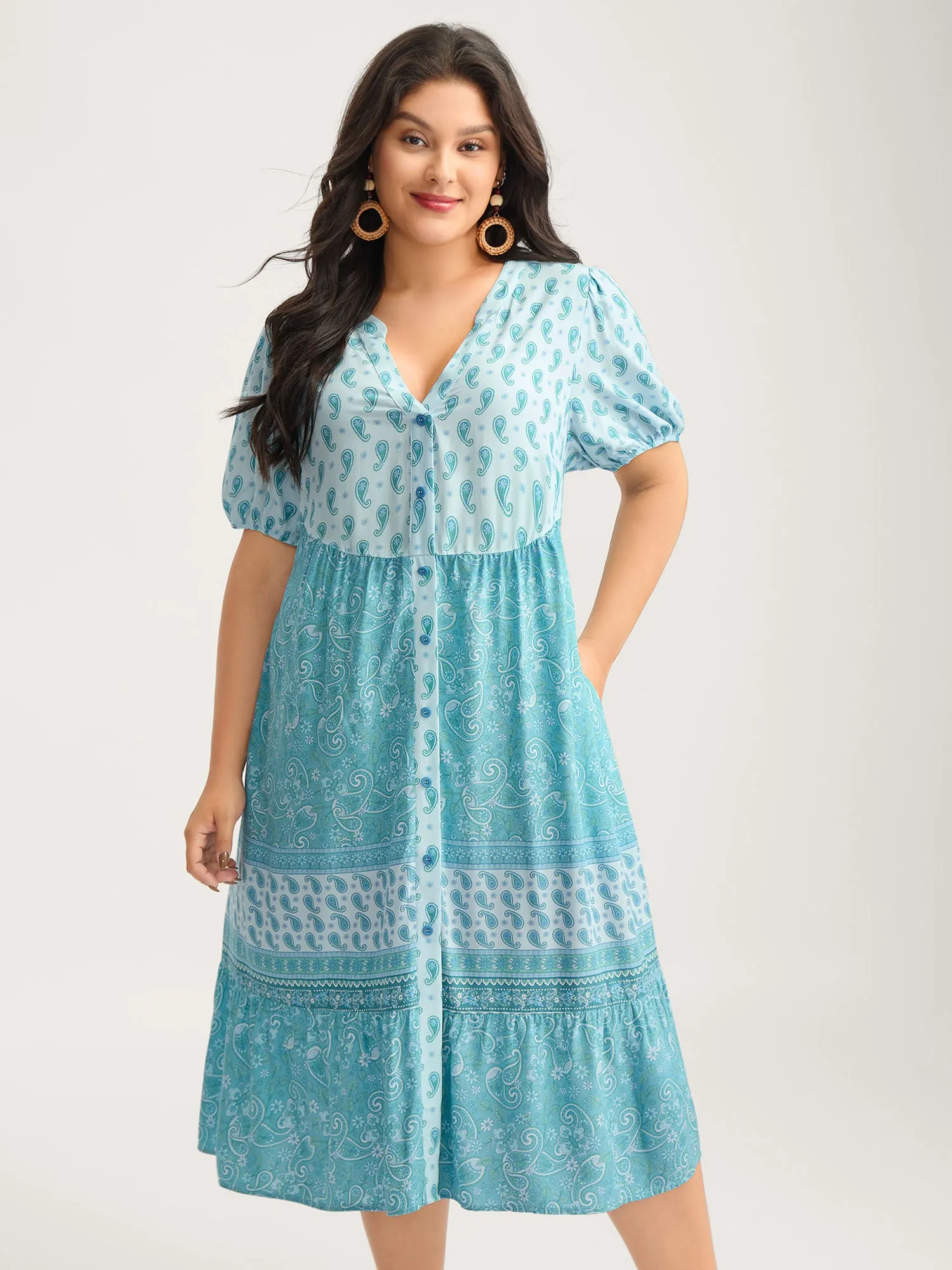 Paisley Print Contrast Button Placket Midi Dress sold by Bloomchic