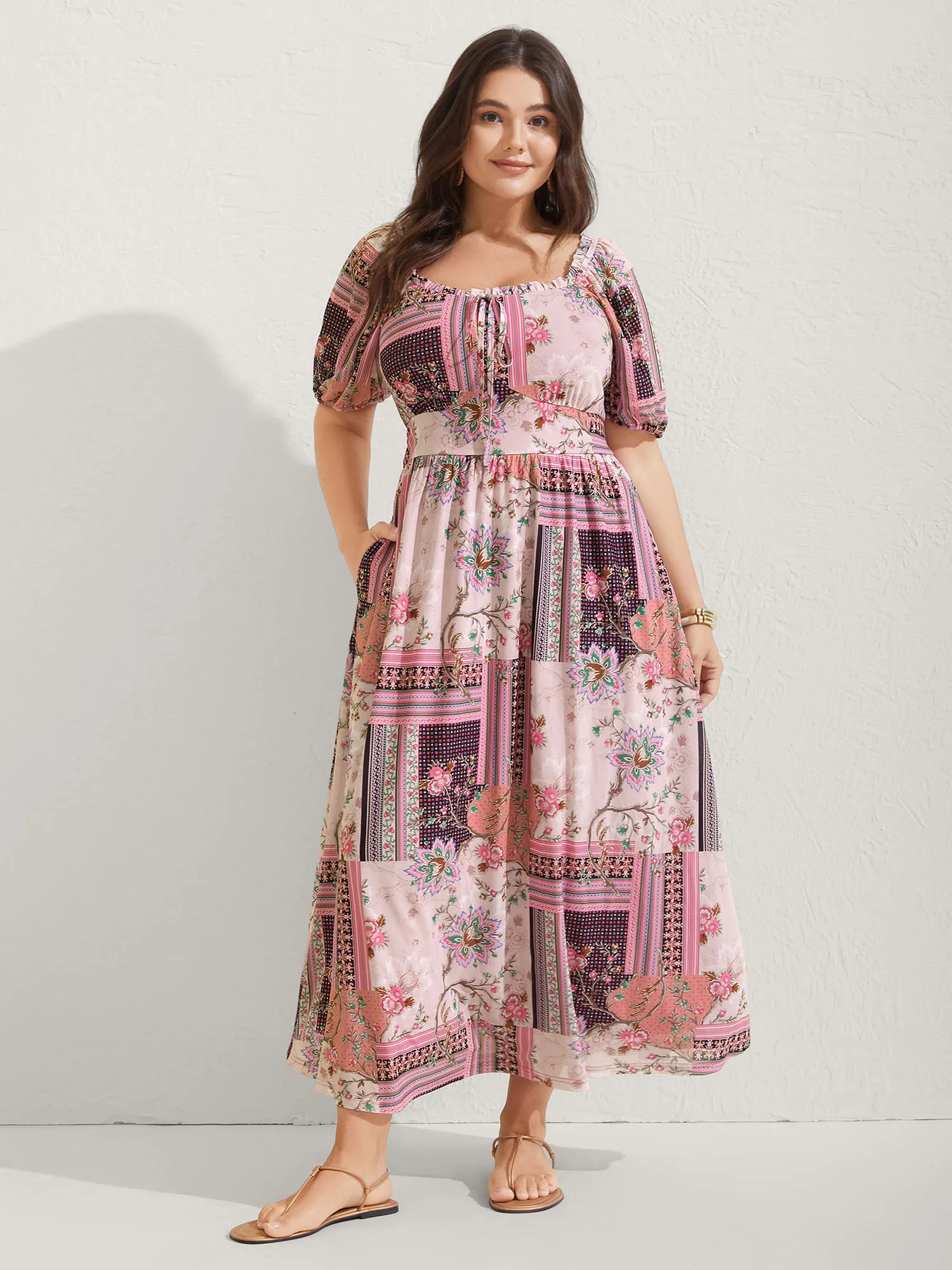 Boho Collage Shirred Neck Tie Midi Dress sold by Bloomchic