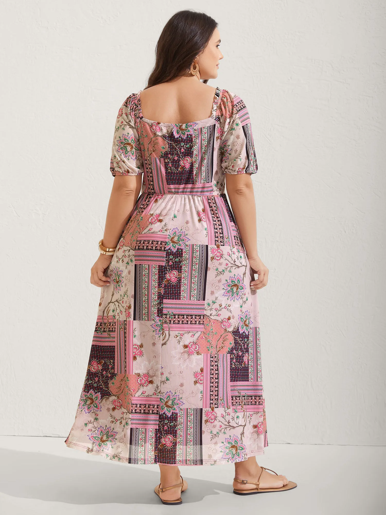 Boho Collage Shirred Neck Tie Midi Dress sold by Bloomchic product image thumbnail 4