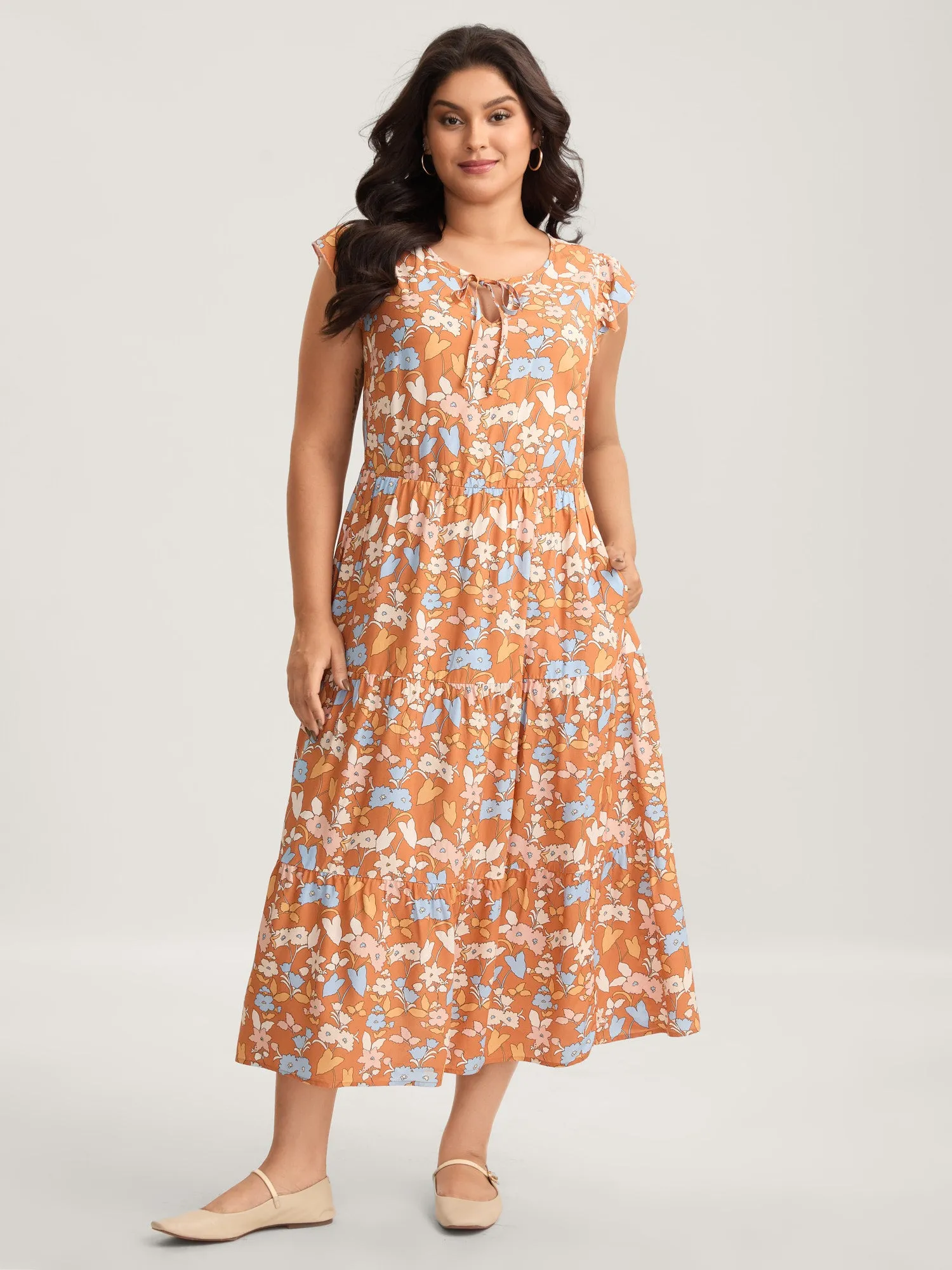 Rayon Floral Stretchy Waist Pockets Midi Dress sold by Bloomchic product image thumbnail 3