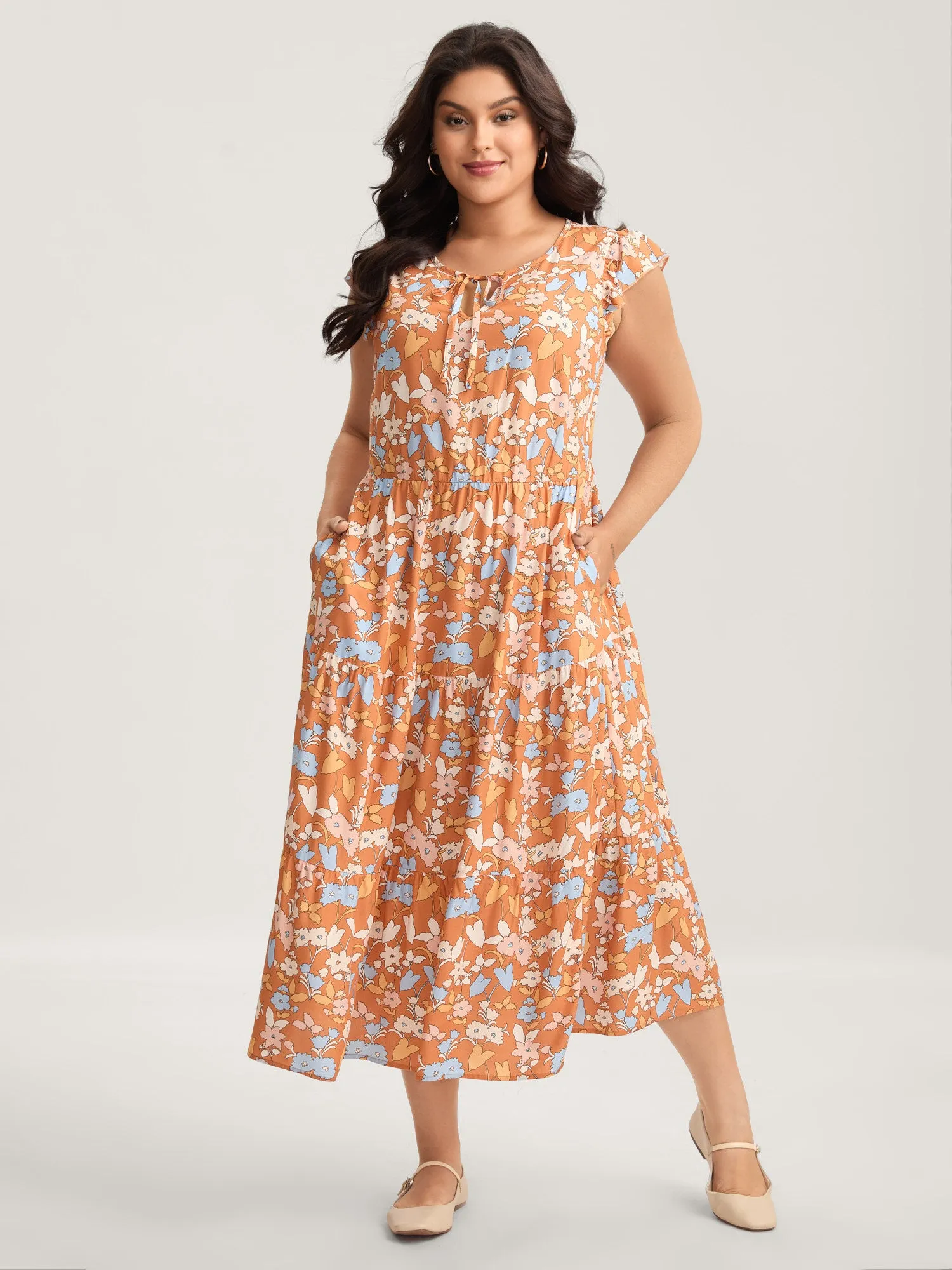 Rayon Floral Stretchy Waist Pockets Midi Dress sold by Bloomchic