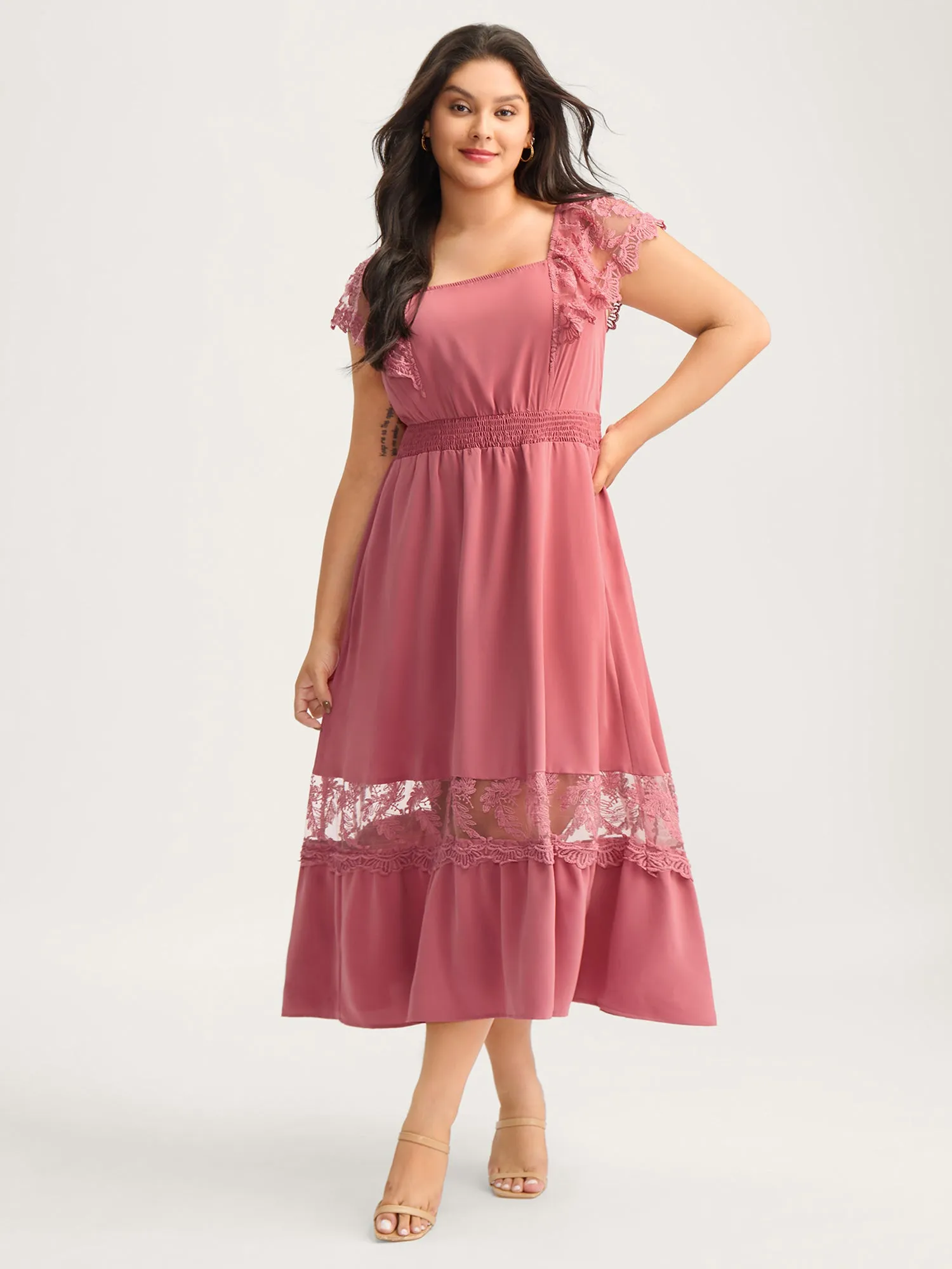 Lace Trim Shirred Waist Midi Dress sold by Bloomchic