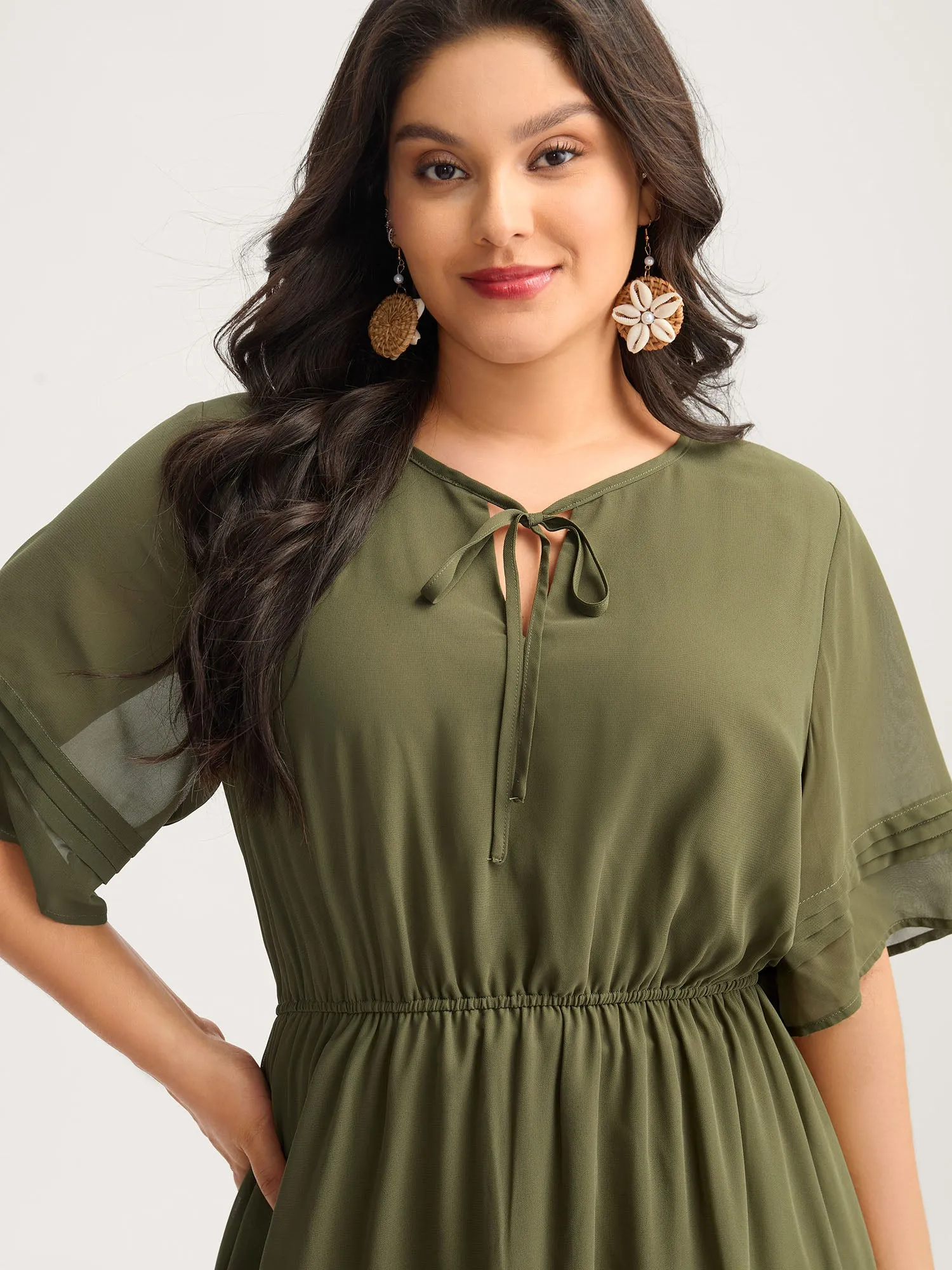 Pleated Neck-Tie Tiered Solid Midi Dress sold by Bloomchic product image thumbnail 2