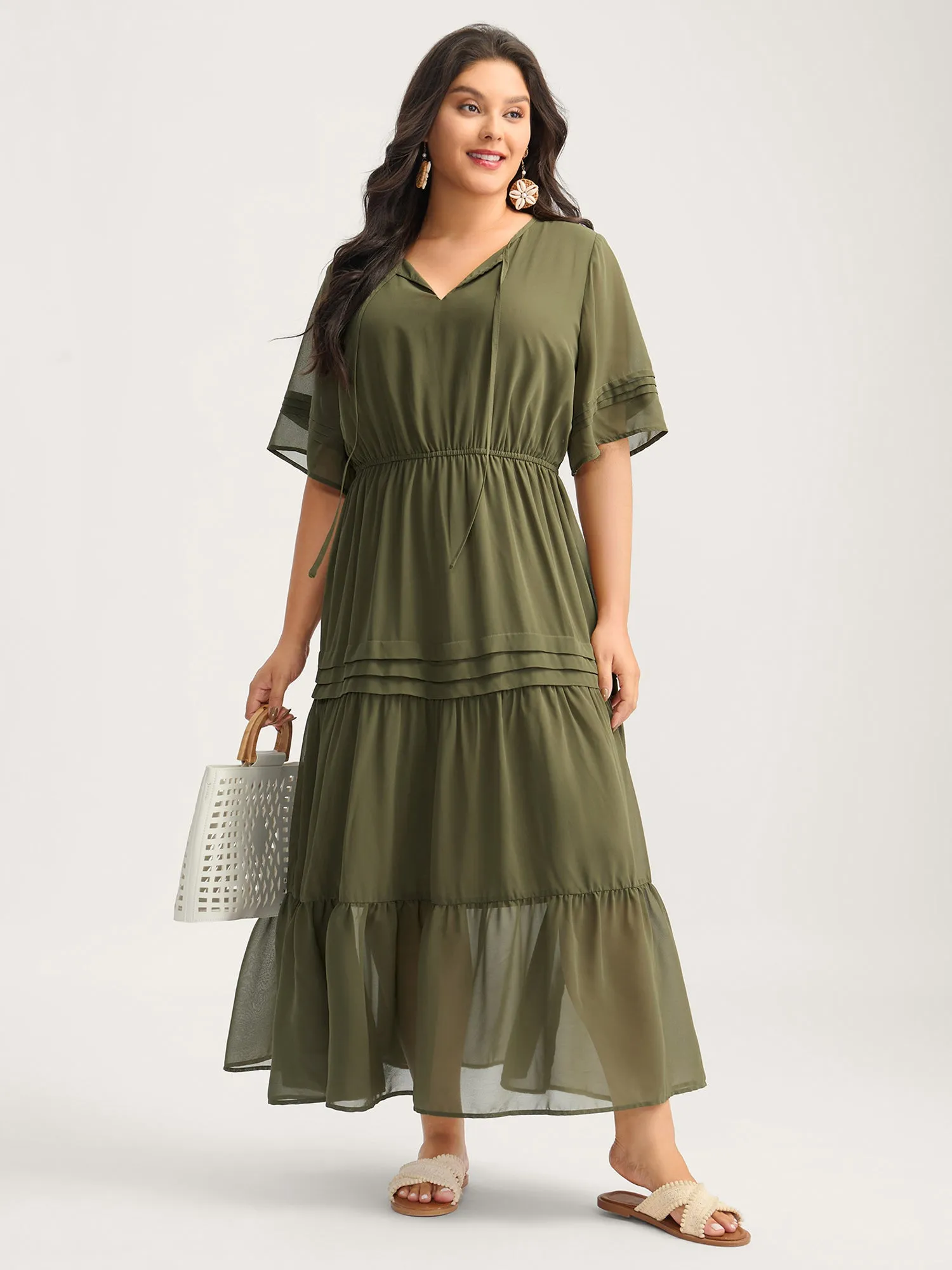 Pleated Neck-Tie Tiered Solid Midi Dress sold by Bloomchic