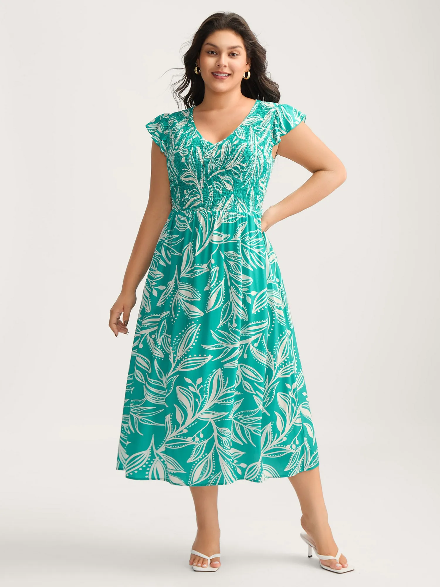 Rayon Leafy Print Shirred Midi Dress sold by Bloomchic product image thumbnail 3