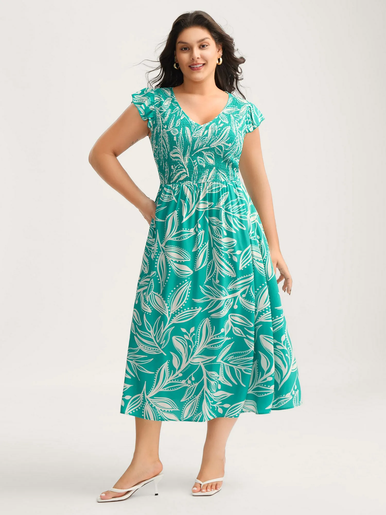 Rayon Leafy Print Shirred Midi Dress sold by Bloomchic