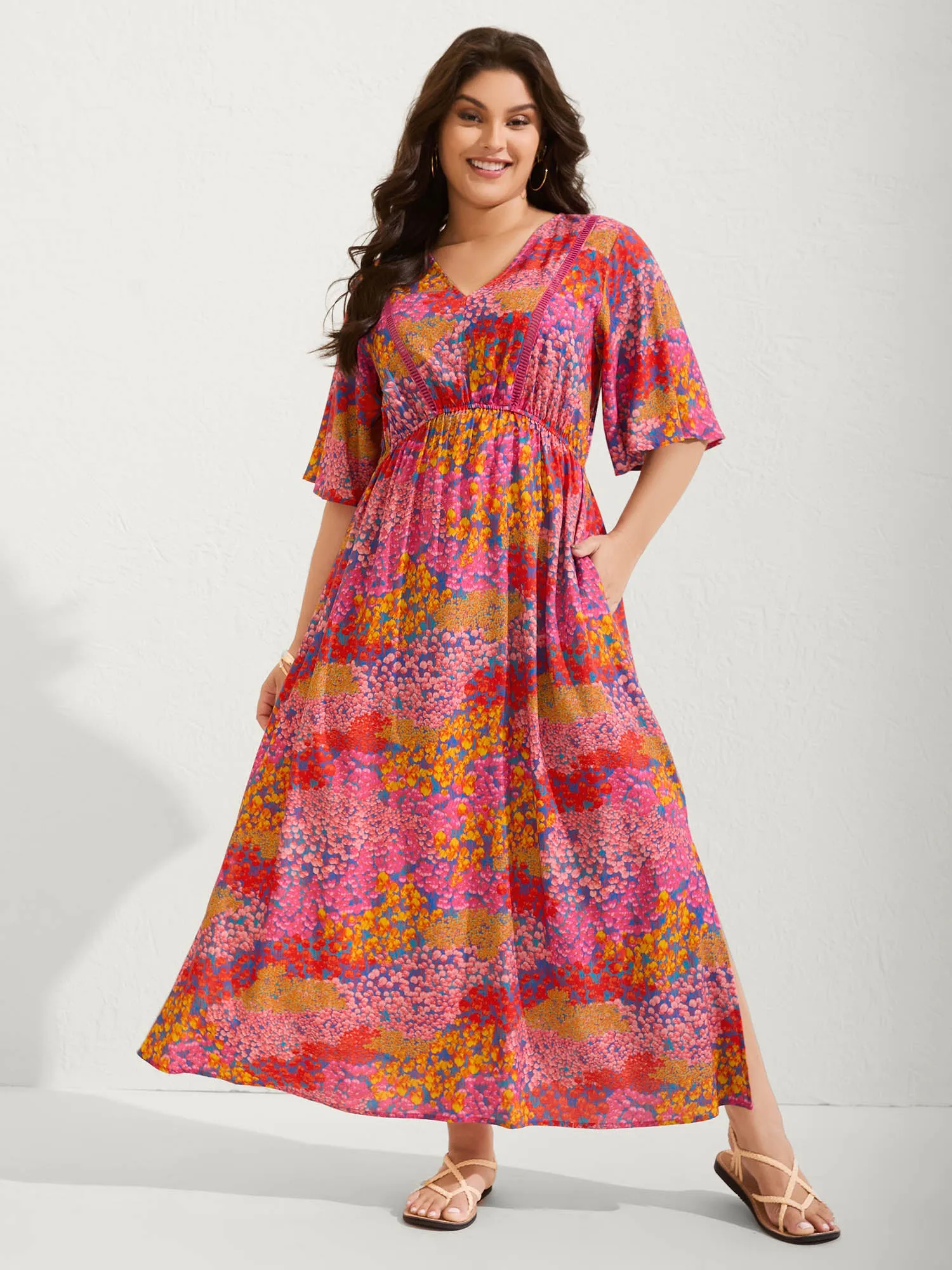 Floral Lace Trim Flowy Sleeve Midi Dress sold by Bloomchic product image thumbnail 3