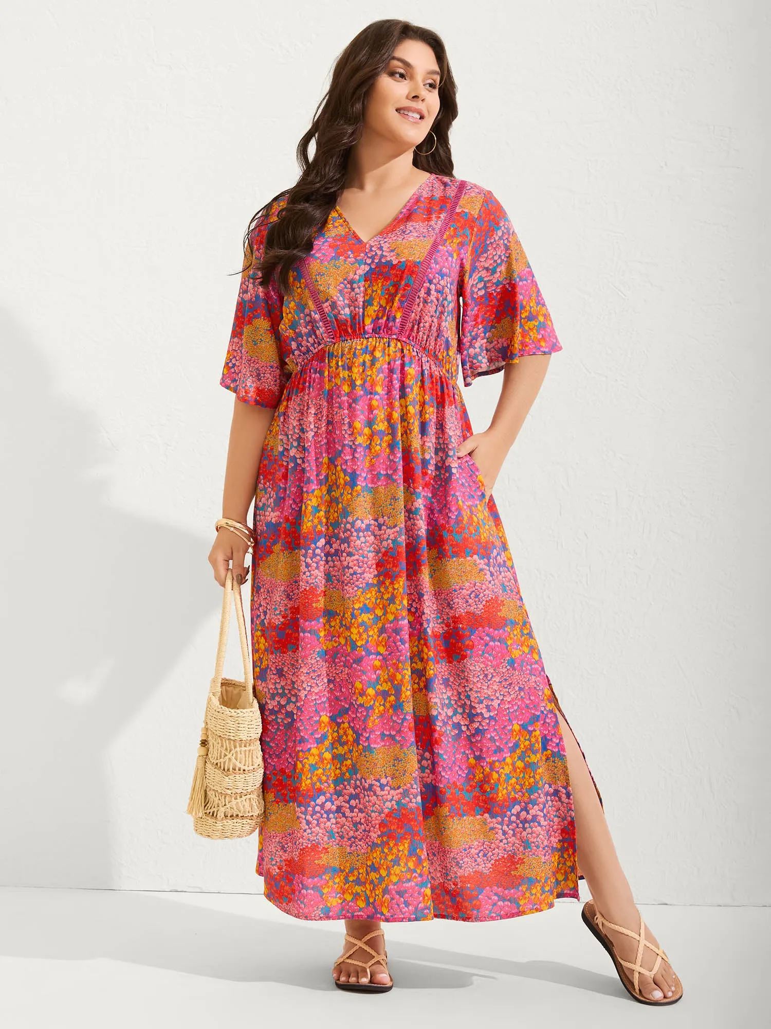 Floral Lace Trim Flowy Sleeve Midi Dress sold by Bloomchic