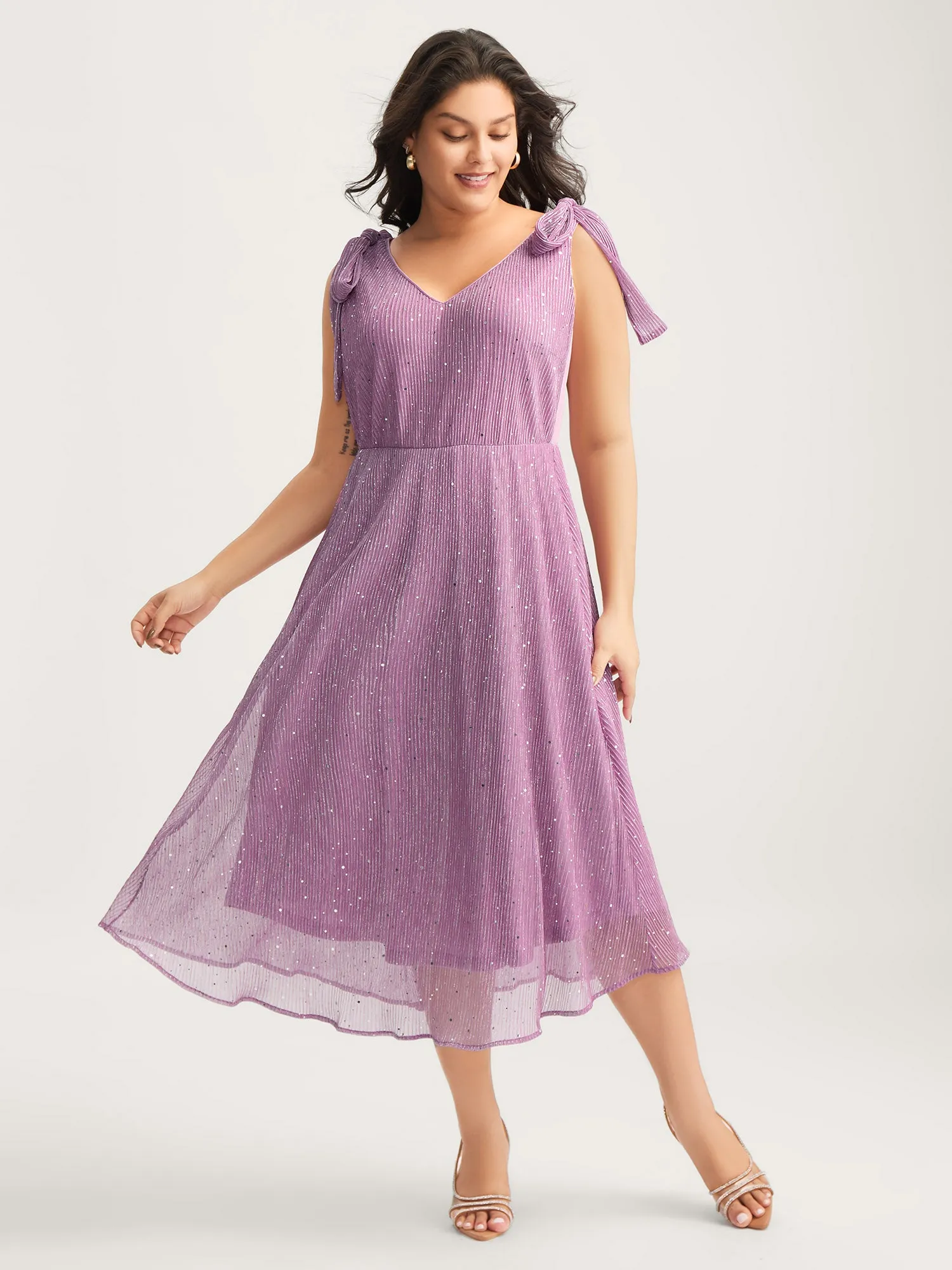 Shimmery Silk Feel Shoulder Tie Midi Dress sold by Bloomchic
