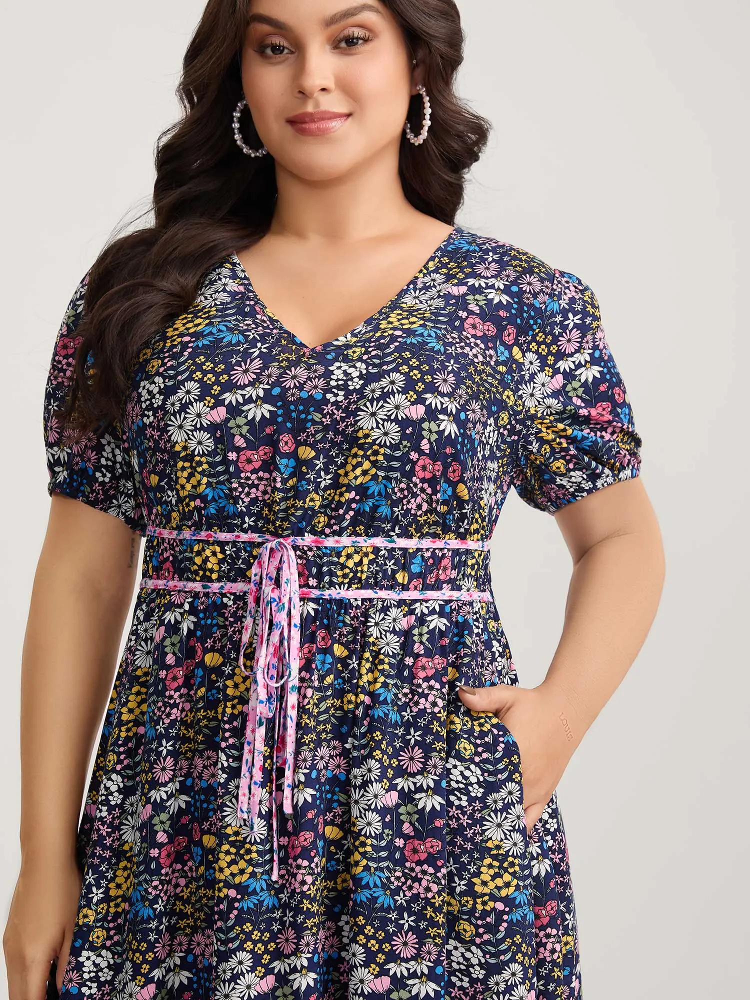 Rayon Floral Print Contrast Pockets Midi Dress sold by Bloomchic product image thumbnail 2