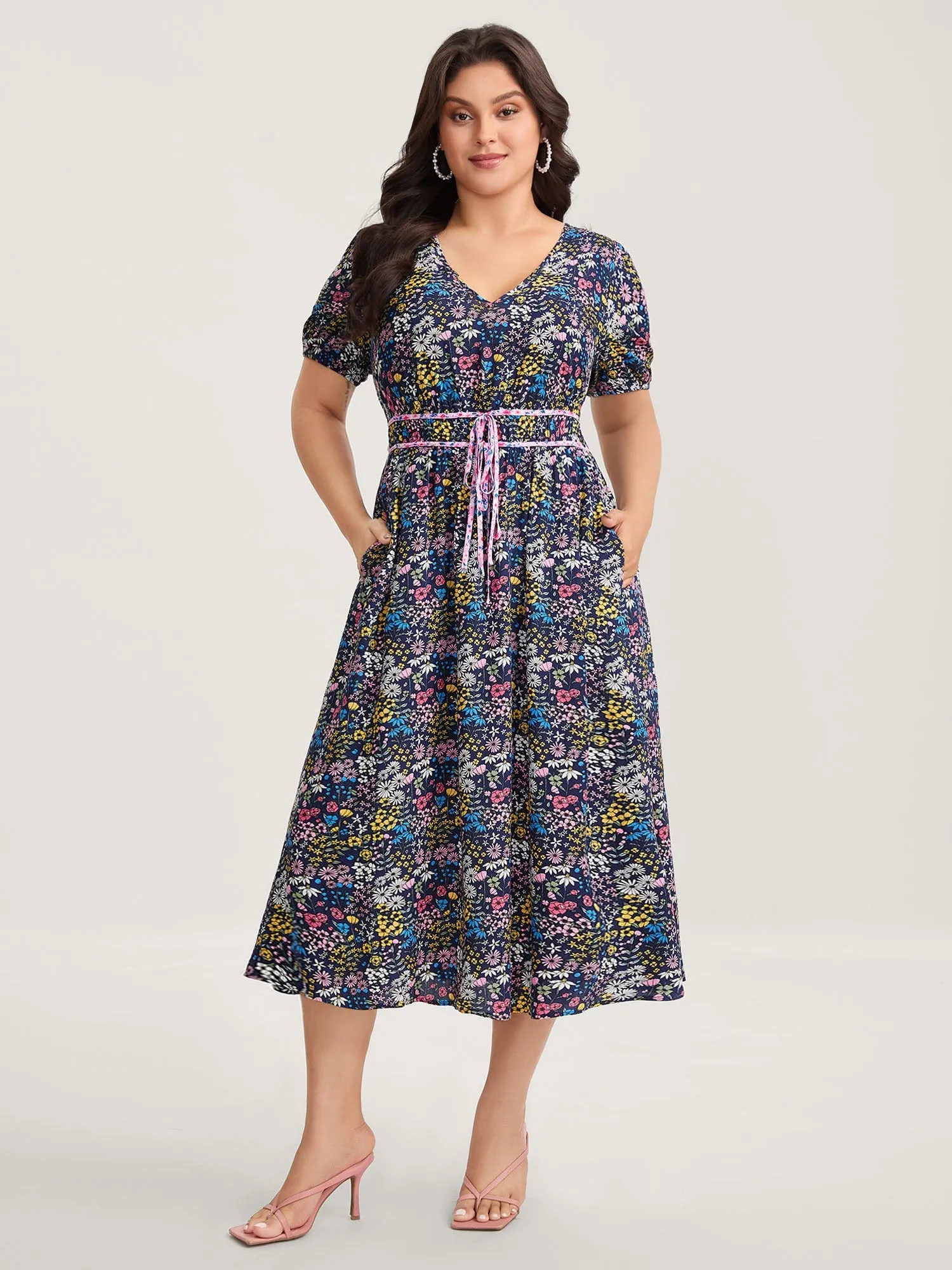 Rayon Floral Print Contrast Pockets Midi Dress sold by Bloomchic