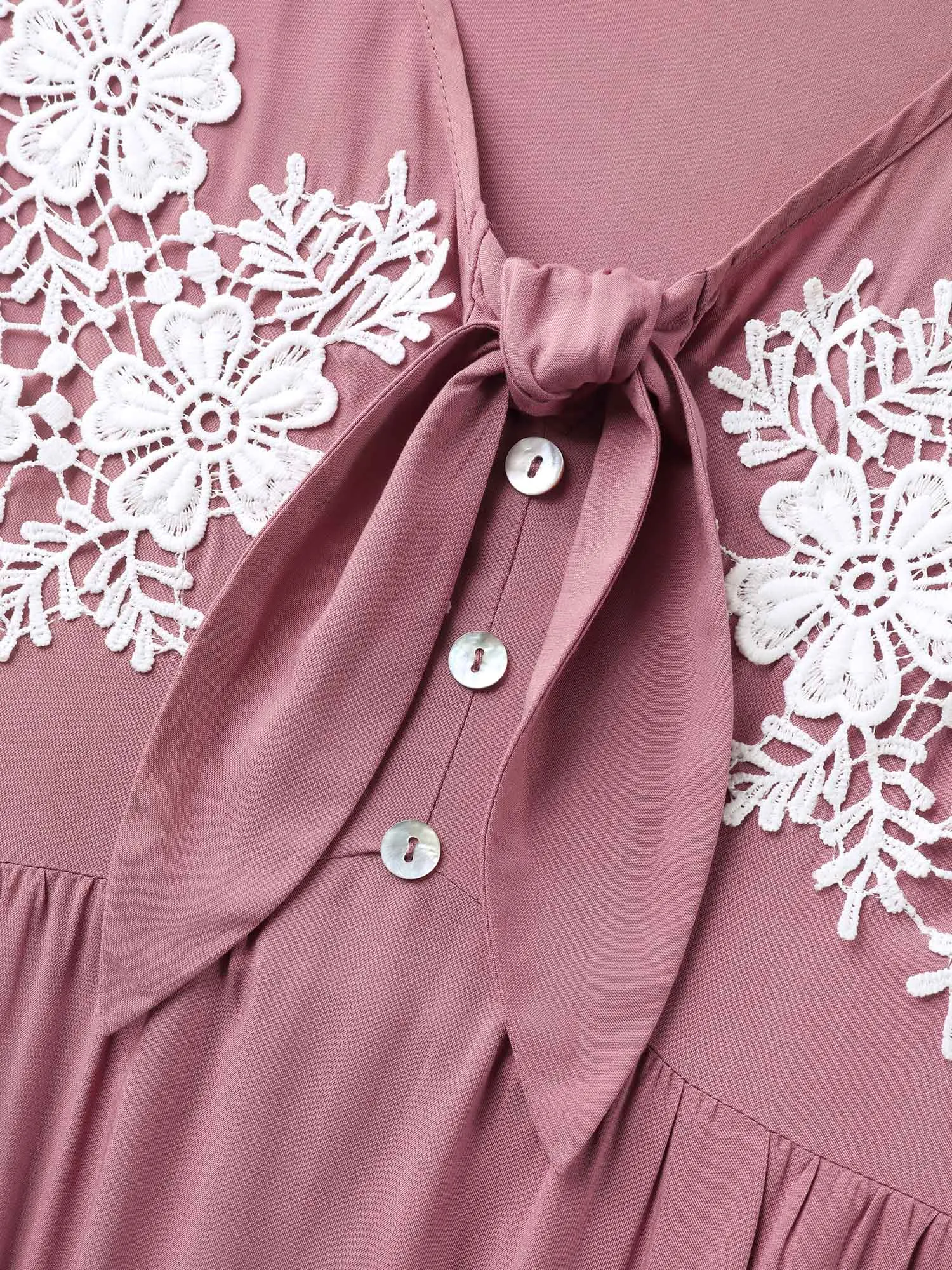 Rayon Bodice Embroidered Patchwork Knot Midi Dress sold by Bloomchic product image thumbnail 5