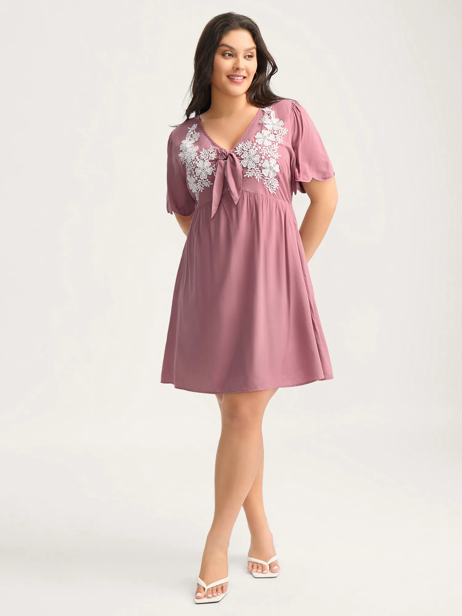 Rayon Bodice Embroidered Patchwork Knot Midi Dress sold by Bloomchic product image thumbnail 3