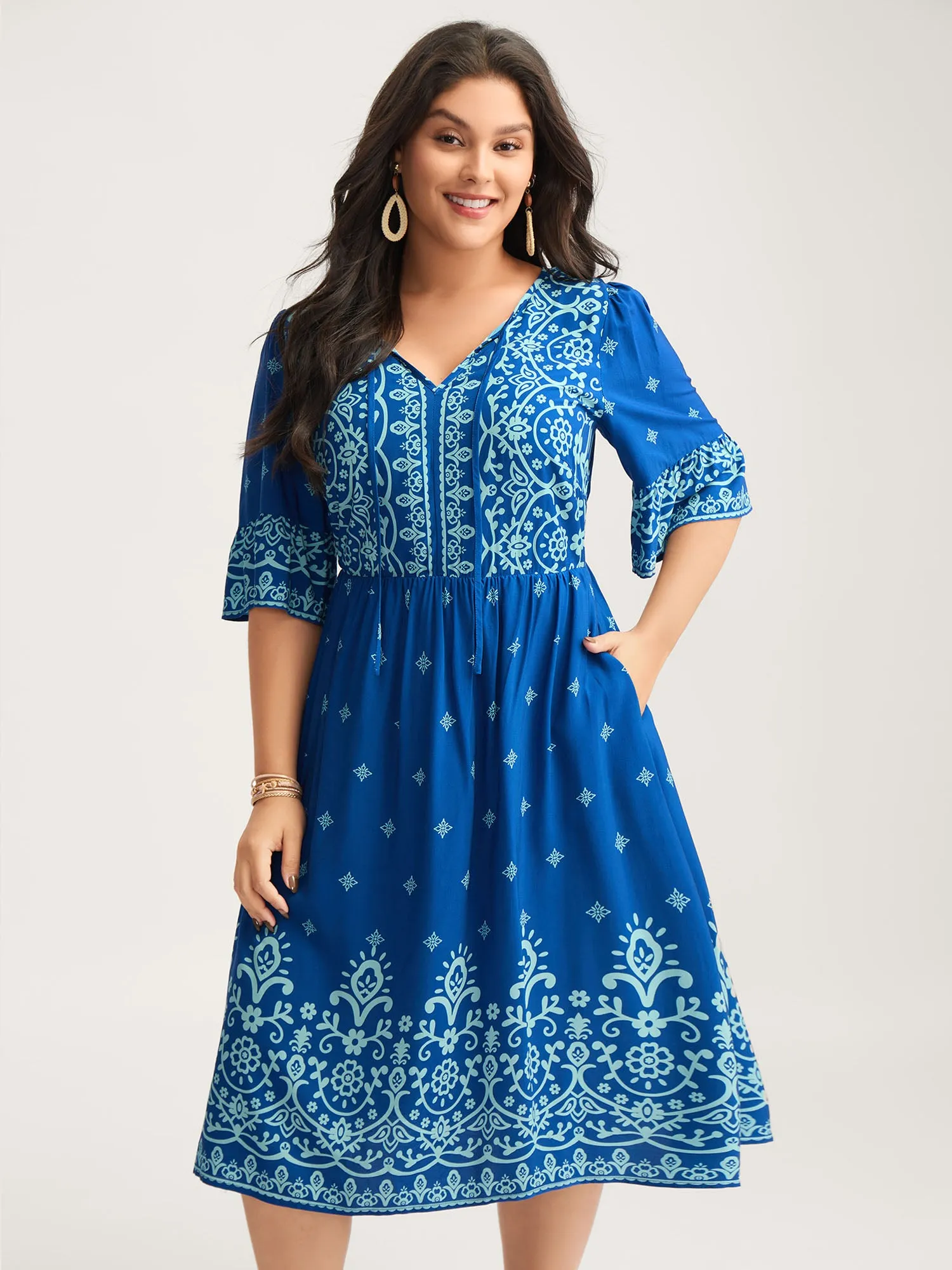 Stretchy Waist Boho Print Midi Dress sold by Bloomchic