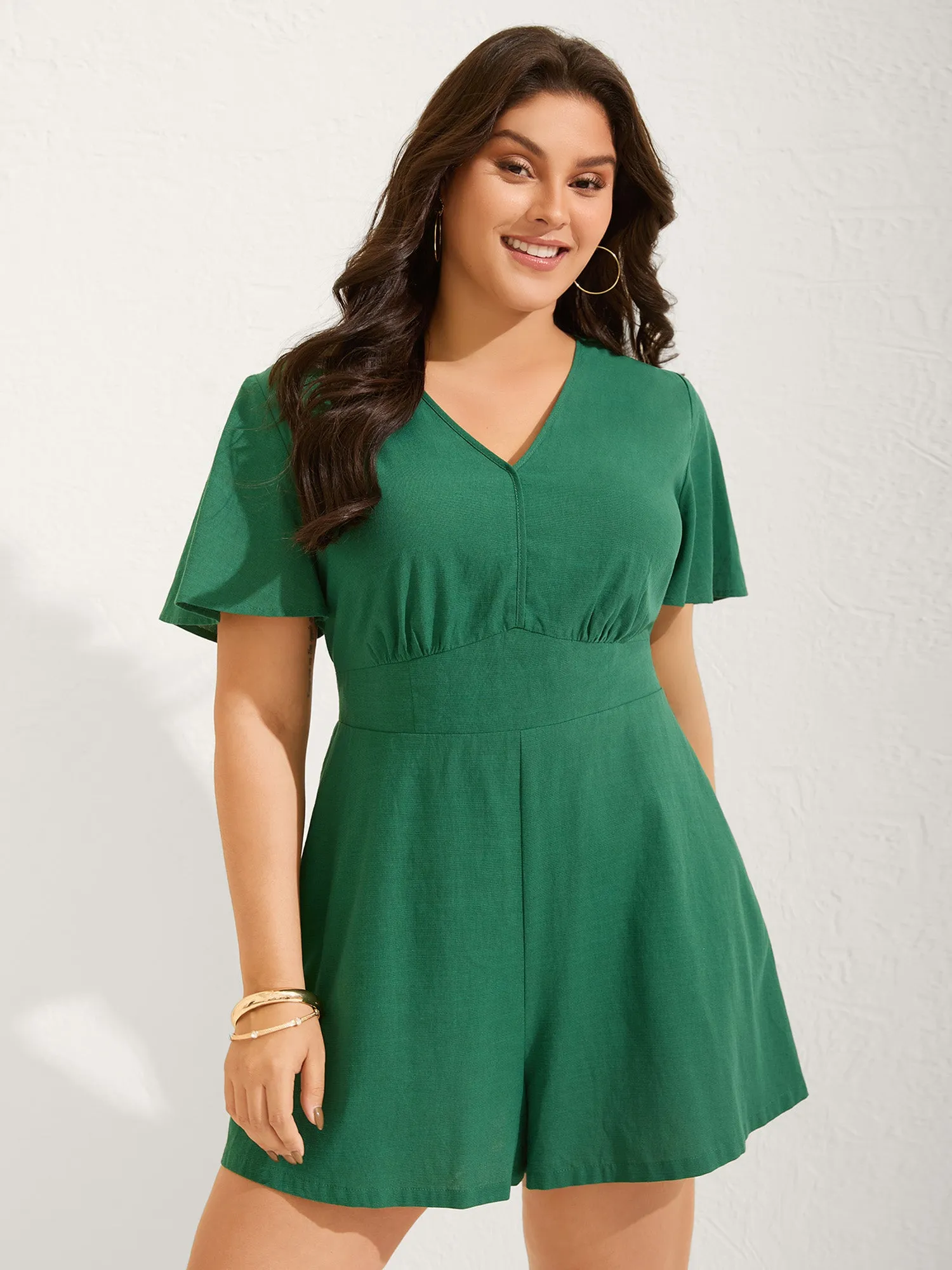 Cinched-Waist V-Neck Solid Romper sold by Bloomchic