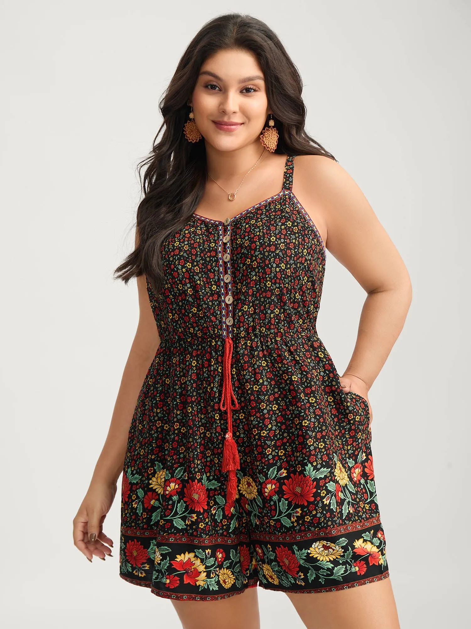 Rayon Radiant Floral Print Pockets Romper sold by Bloomchic