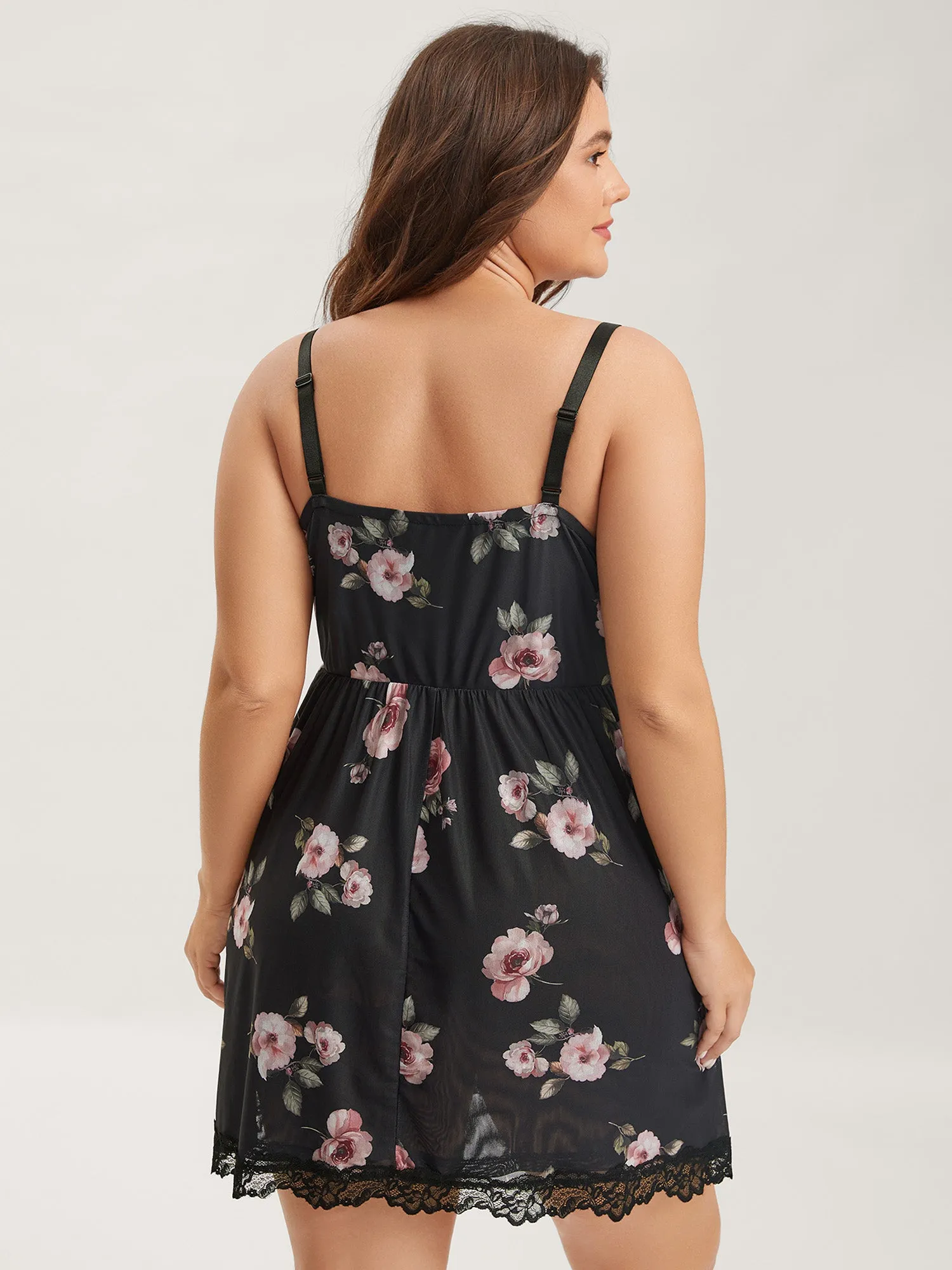 Rosy Print Lace Trim Deep V-Neck Sleep Dress sold by Bloomchic product image thumbnail 4
