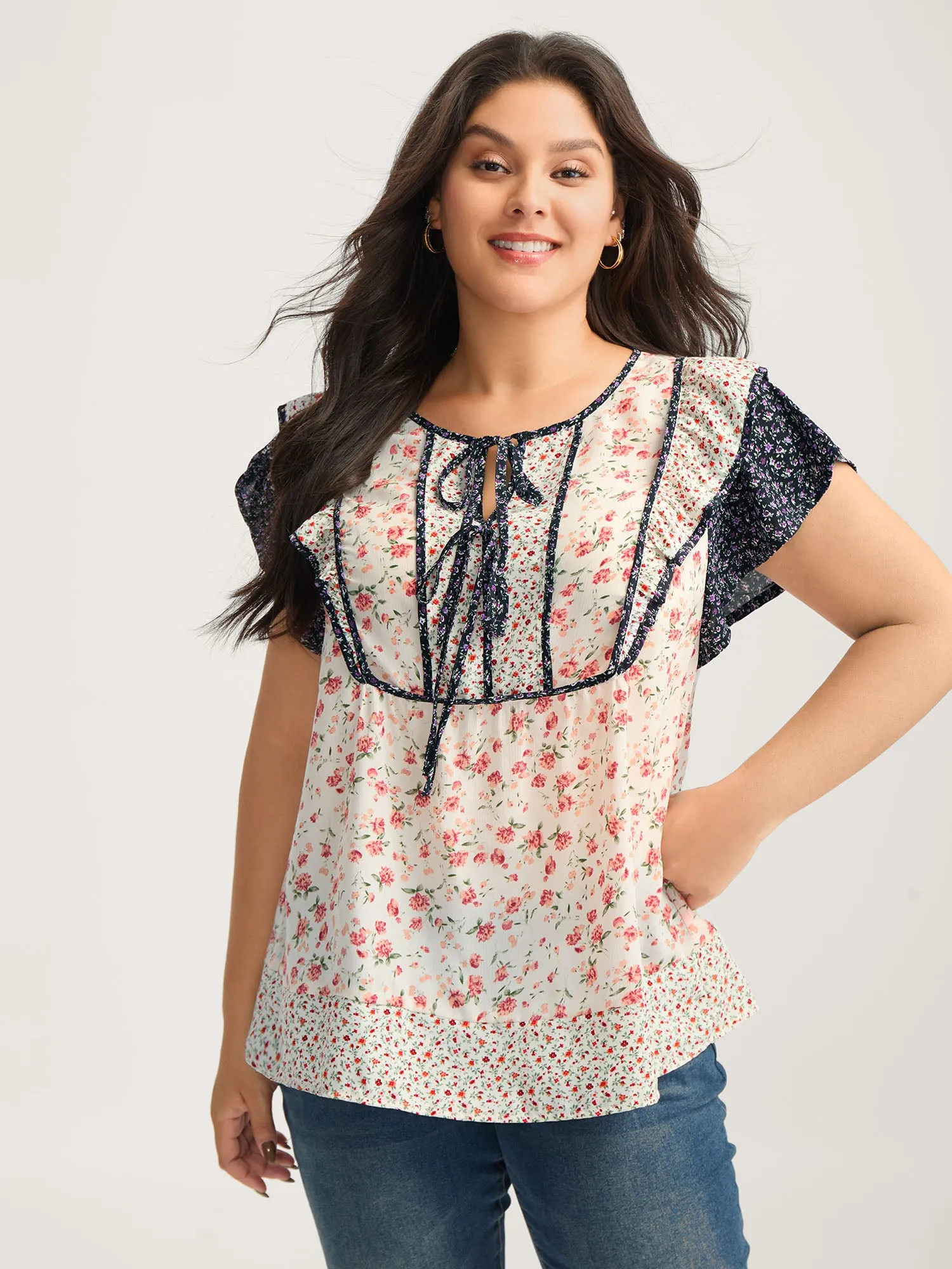 Floral Panel Ruffled Sleeve Blouse sold by Bloomchic