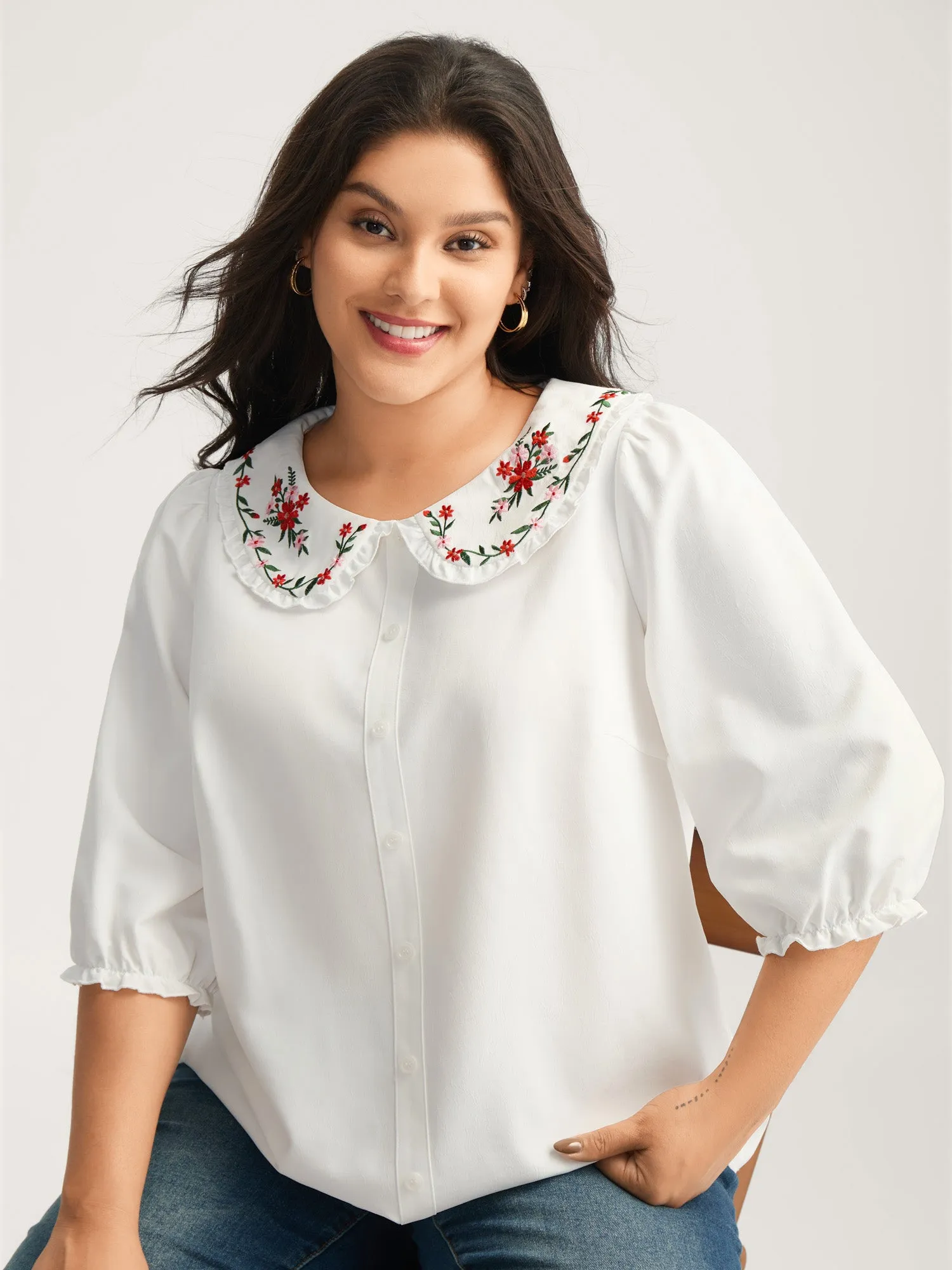 Floral Embroidered Doll Collar Blouse sold by Bloomchic