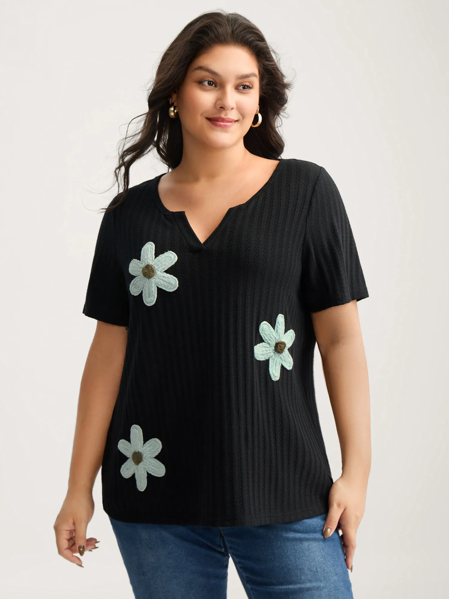 Crochet Floral Textured Notched Collar Top sold by Bloomchic