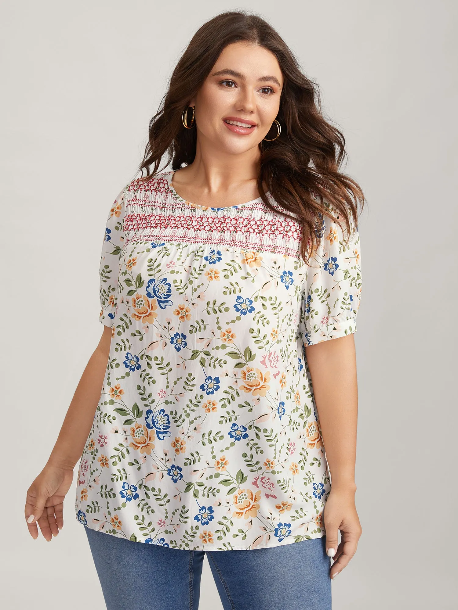 Floral Print Shirred Neck Blouse sold by Bloomchic