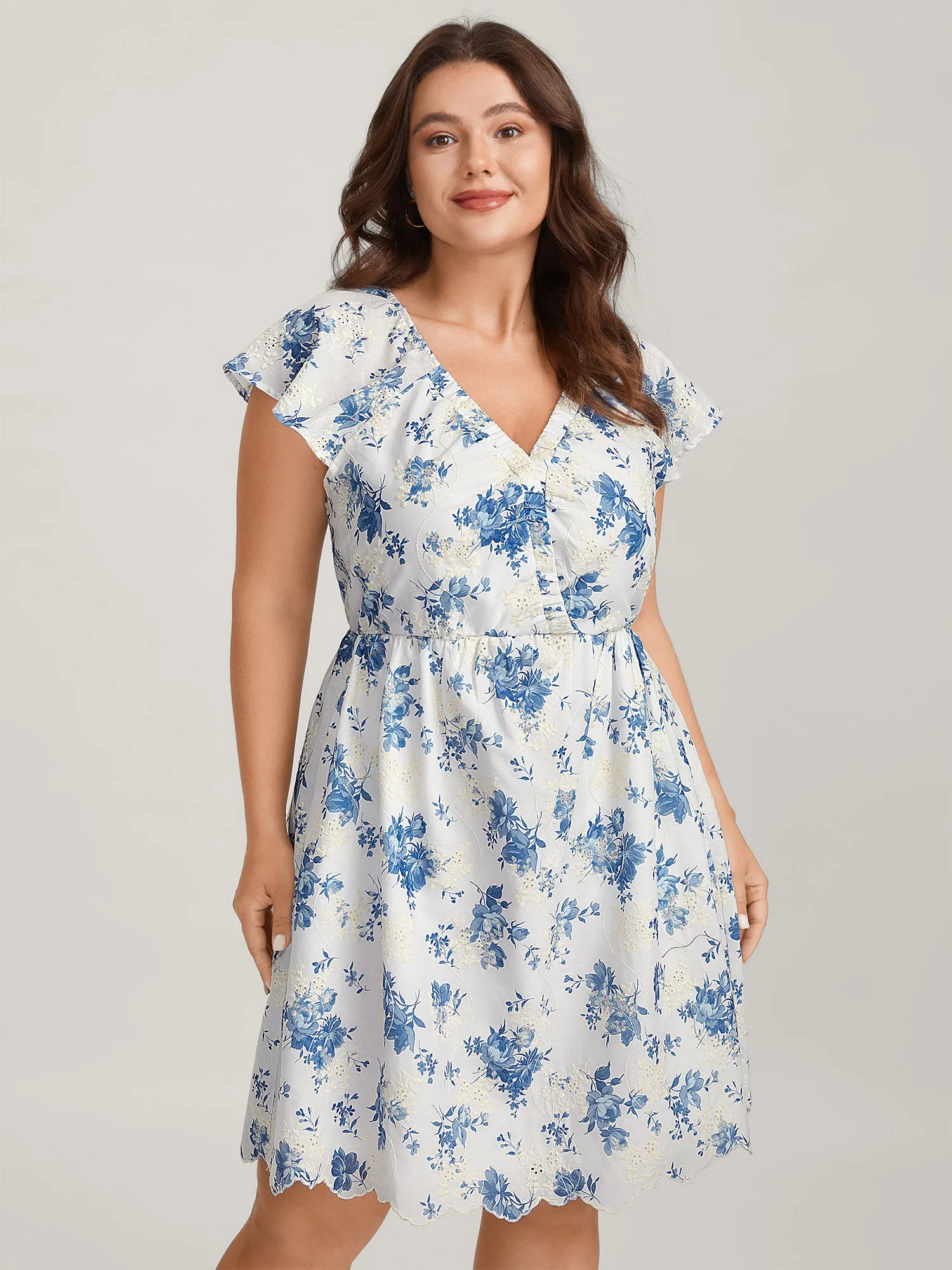 Embroidered Floral Flutter Sleeve Midi Dress sold by Bloomchic
